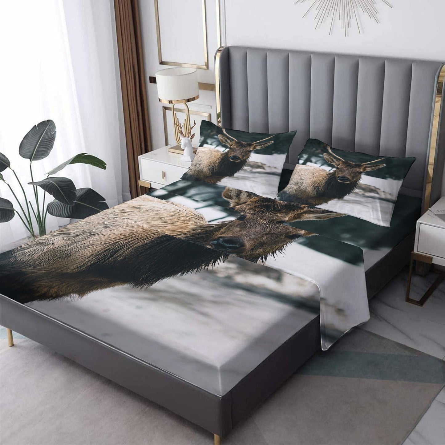 THYUNQ Deer Sheets Full Size Bed, 3D Animal Pattern Bedding Sheets & Pillowcases - 16 Inch Deep Pocket, Super Soft Microfiber Printed Sheet Set 4 Piece