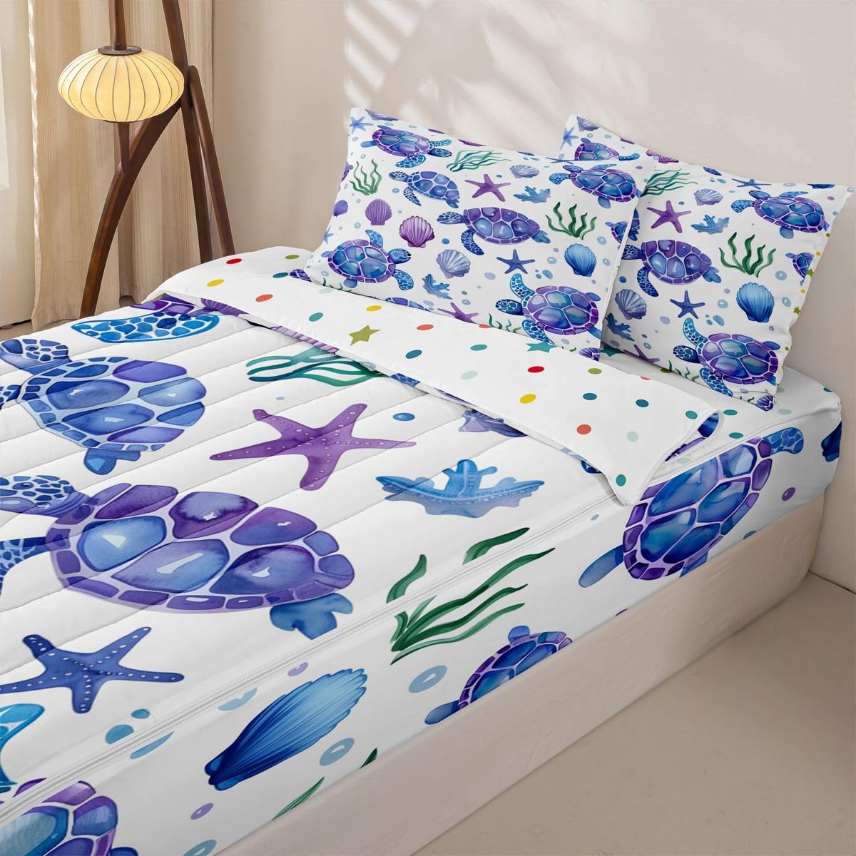 jejeloiu Sea Turtle Comforter Set Twin Size Zipper Bedding Set for Girls Boys Seaweed Comforter with Fitted Sheet, Pillowcases Ocean Creature Zipper Bedding Soft Breathable Underwater Bed in a Bag