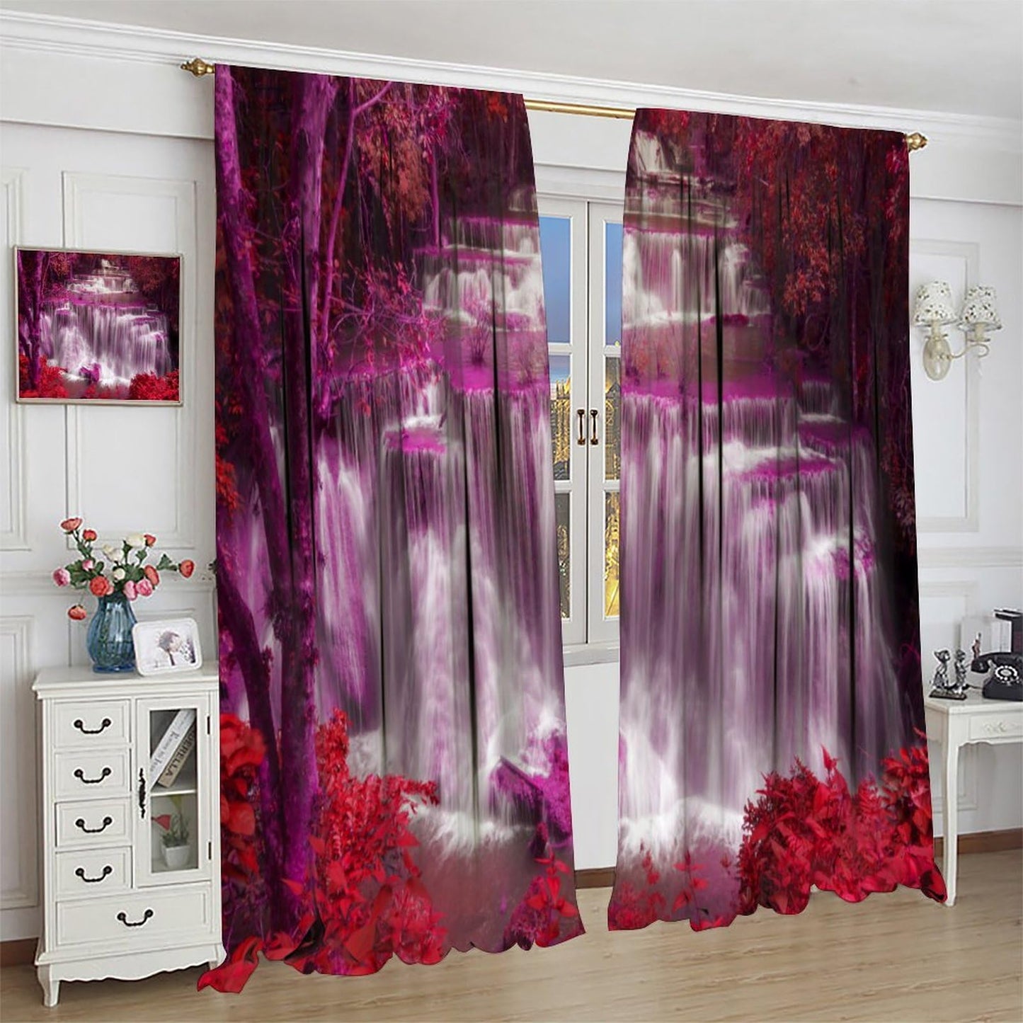 Waterfall Curtains，Spring Nature Theme Pink Red Floral Forest Landscape Scenery Pattern Waterproof Fabric Rod Pocket Window Drapes for Bedroom Living Room Set 2 Panels,42x45 Inches