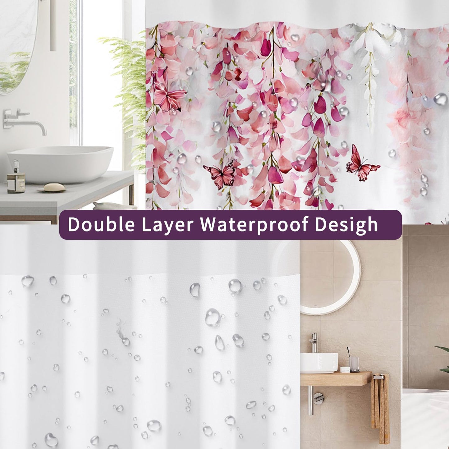 NAEMBCU Boho Floral No Hook Shower Curtain with Snap in Liner Set 71x74 in