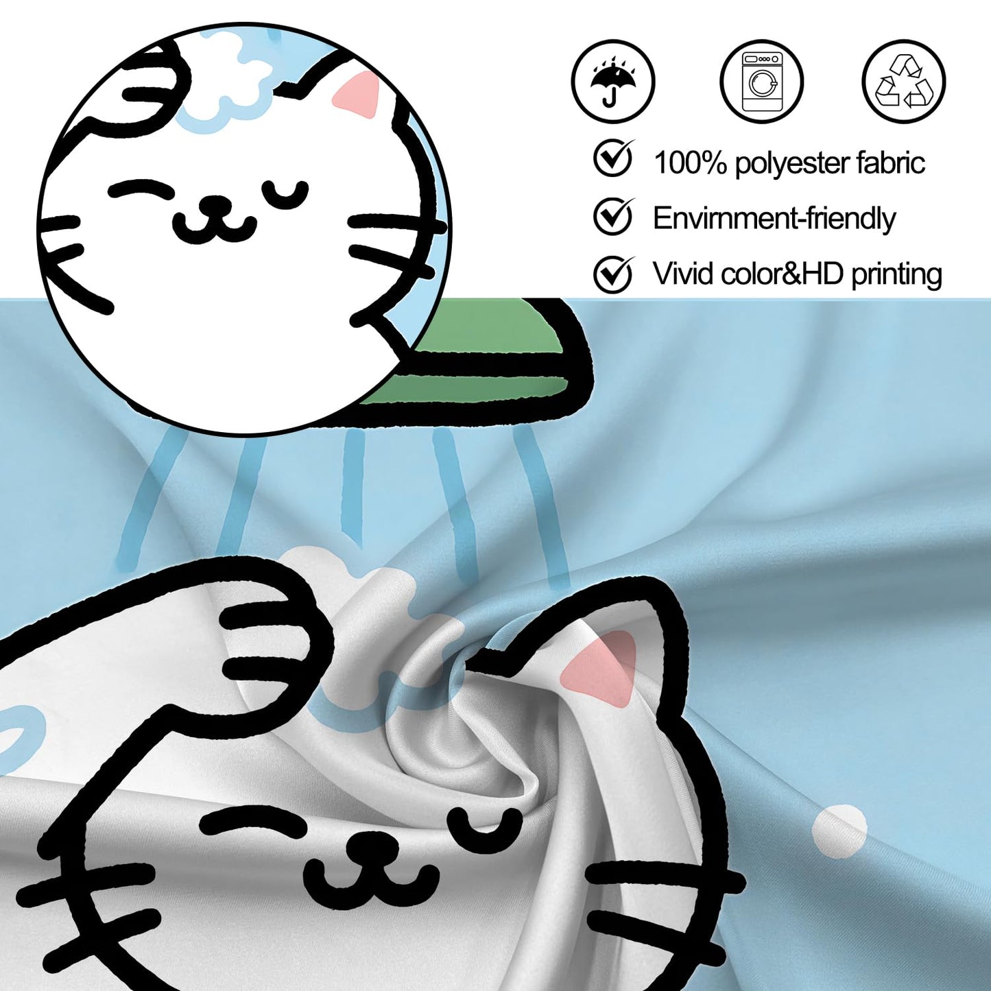 THISFIND Cute Cat Bath Time Shower Curtain- Cute Cartoon Kitten Showering with Bubbles, Waterproof Bathroom Decor Set with Hooks 72x72 Inches