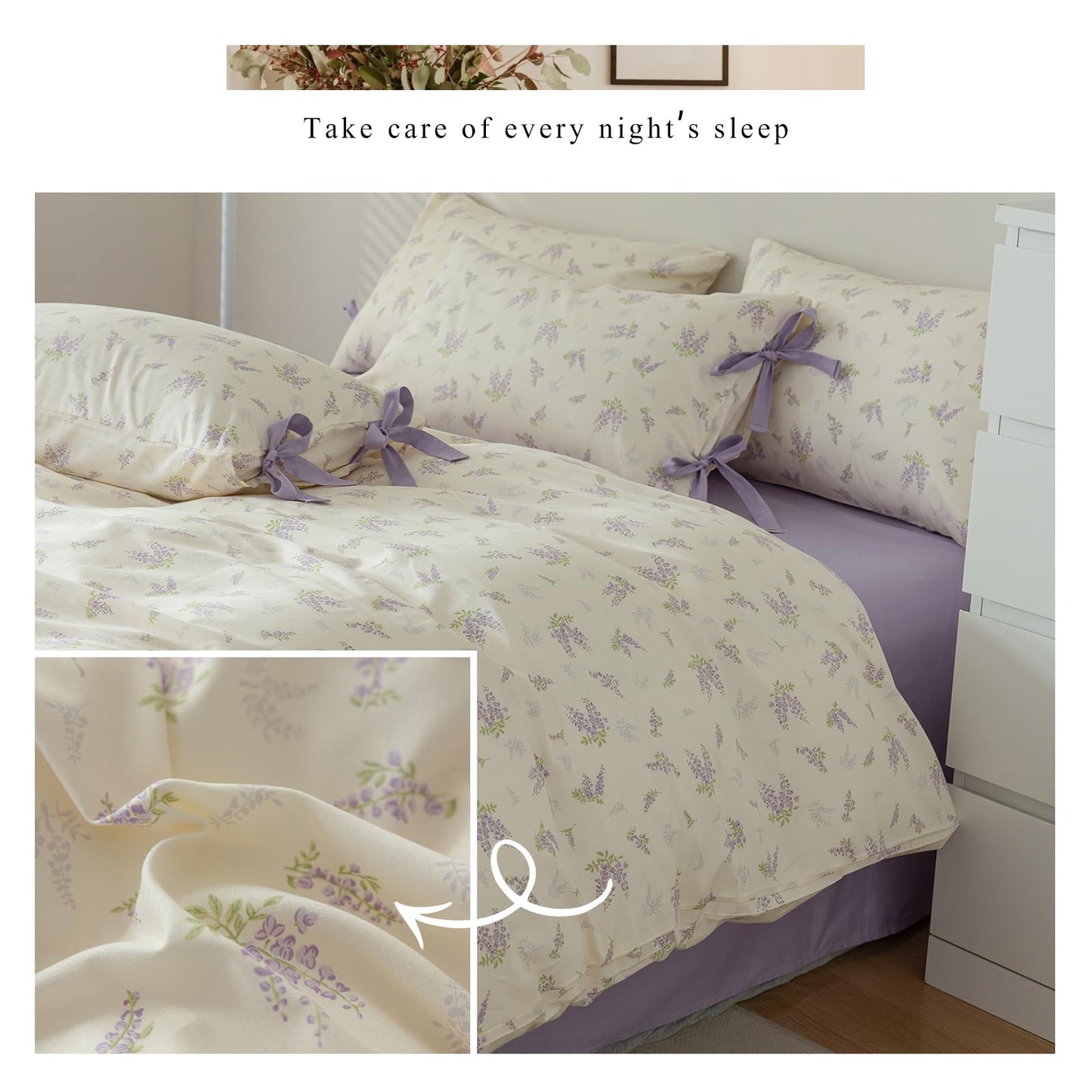 VM VOUGEMARKET Cotton Duvet Cover Set Queen,3 Pieces Purple Floral Bedding Set,Girls Lavender Flower Duvet Cover with Zipper Closure-Queen,90x90 Inch