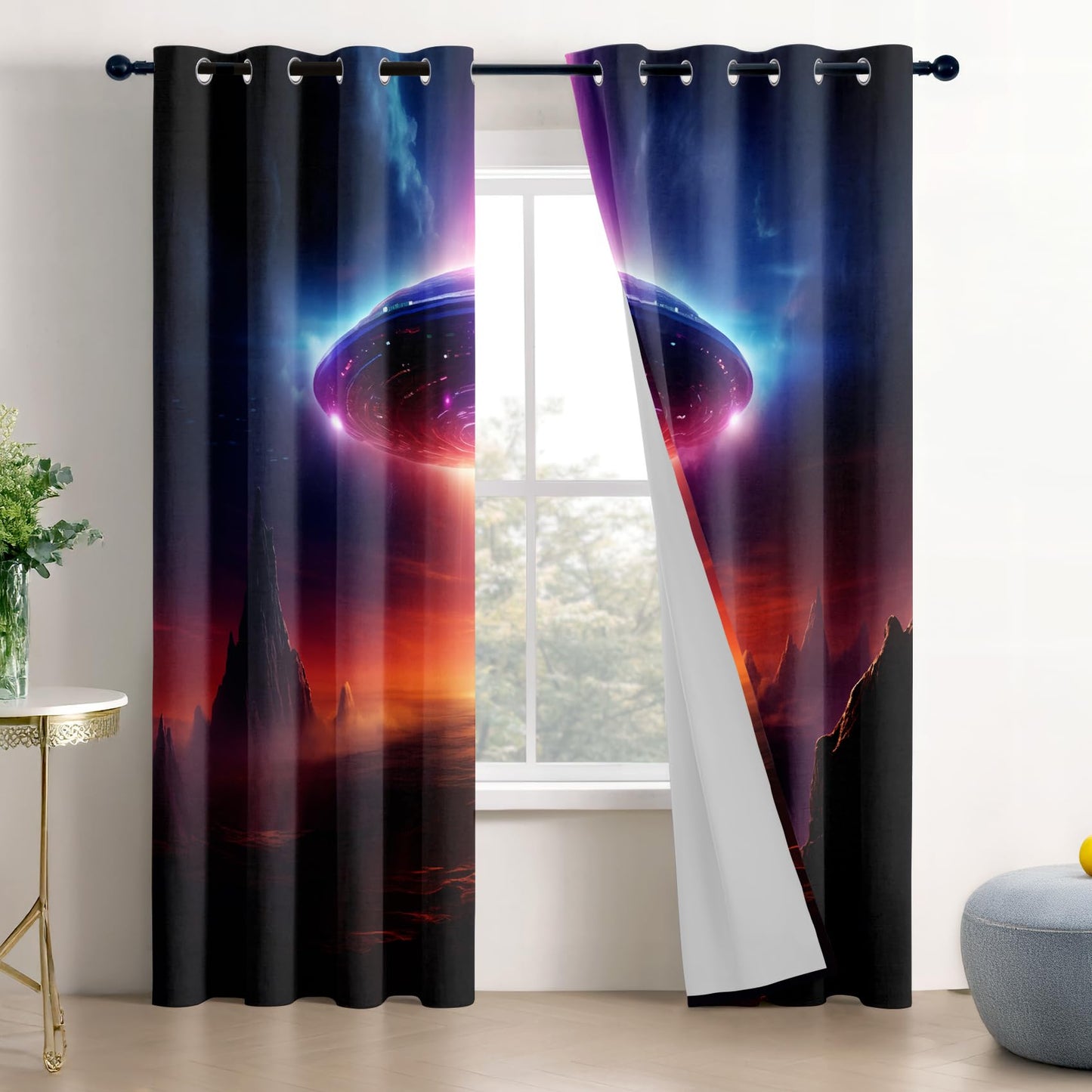 UFO Curtains Blackout, Alien Sci Fi Futuristic Spaceship Black Out Curtains 63 Inch Long Printed, Room Darkening Thermal Insulated Grommet Drapes for Bedroom Living Room