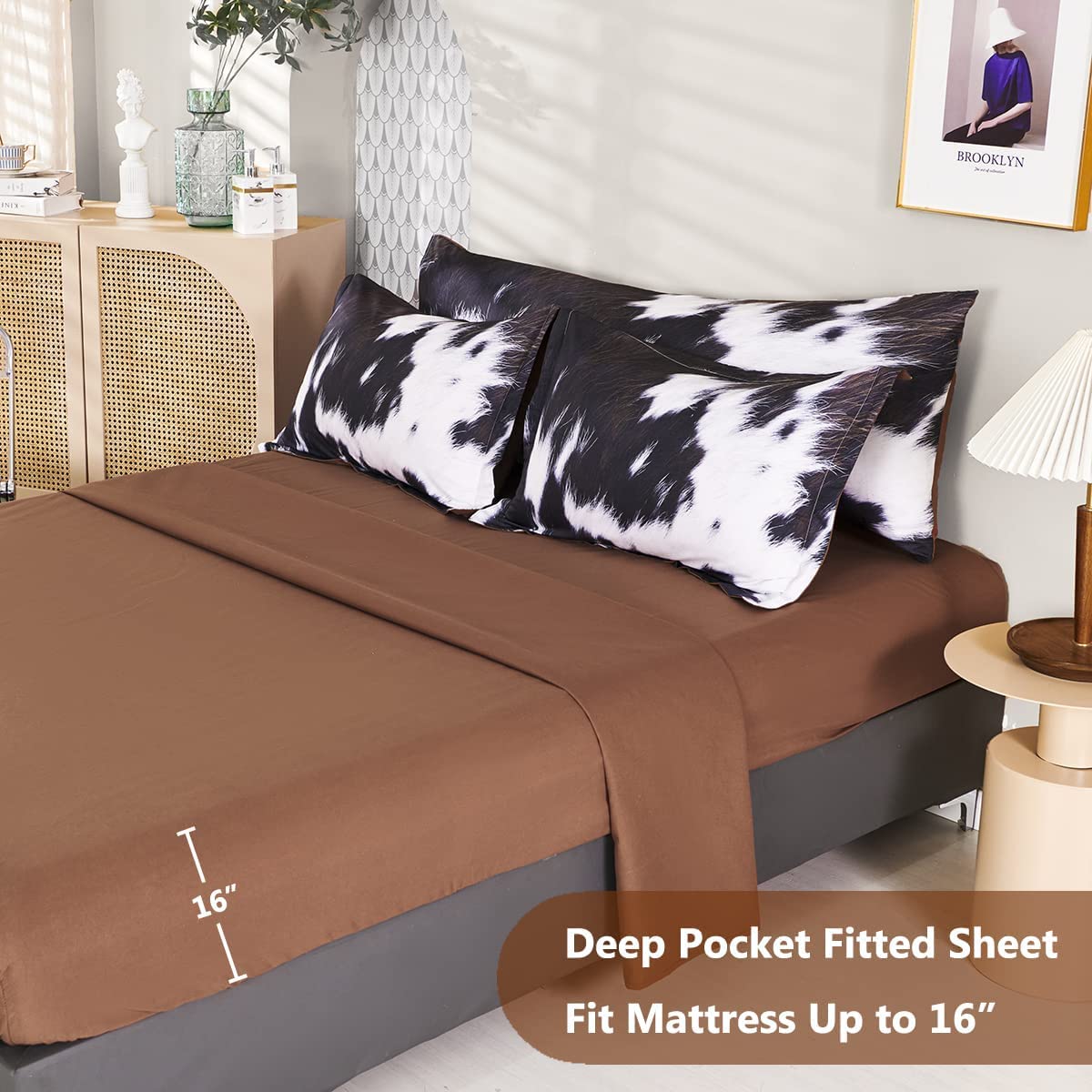 SUCSES Cow Print Bedding Comforter Set Full Size 8 Pieces Western Farmhouse Wrangler Bedding Set Highland Rustic Bed in A Bag Bed Set with Sheets for Boys(Cow Fur Pattern, Full)