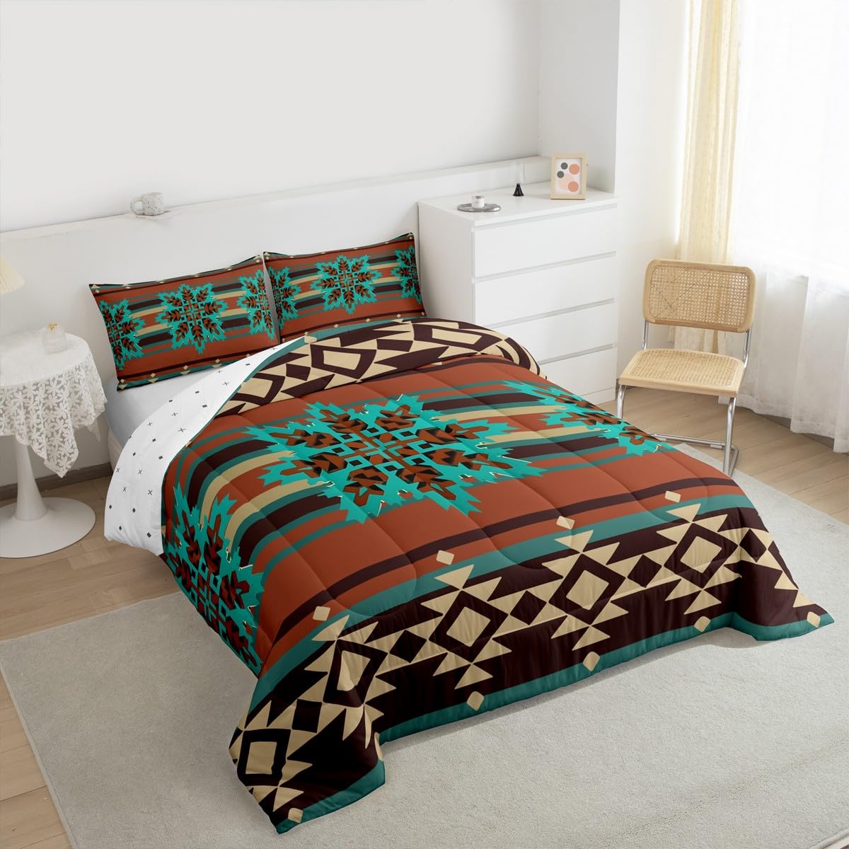 jejeloiu Western Aztec Bedding Set Soft for Boys Girls, Native American Comforter Set Queen Size Geometric Duvet Quilt Microfiber Boho Bedroom Decor 3 Pcs with 2 Pillow Cases