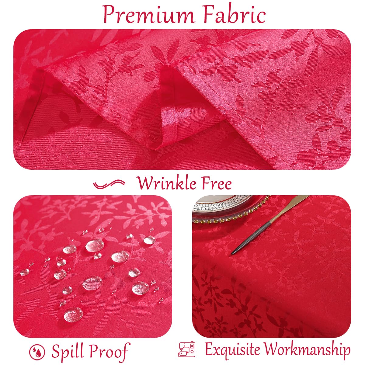SASTYBALE Christmas Tablecloth Rectangle 52 x 70 Inch Holly Berry Jacquard Spill Proof Wrinkle Free Fabric Table Cloth, Damask Table Cover for Kitchen Dining, Party, Xmas, Winter, Holiday, Red