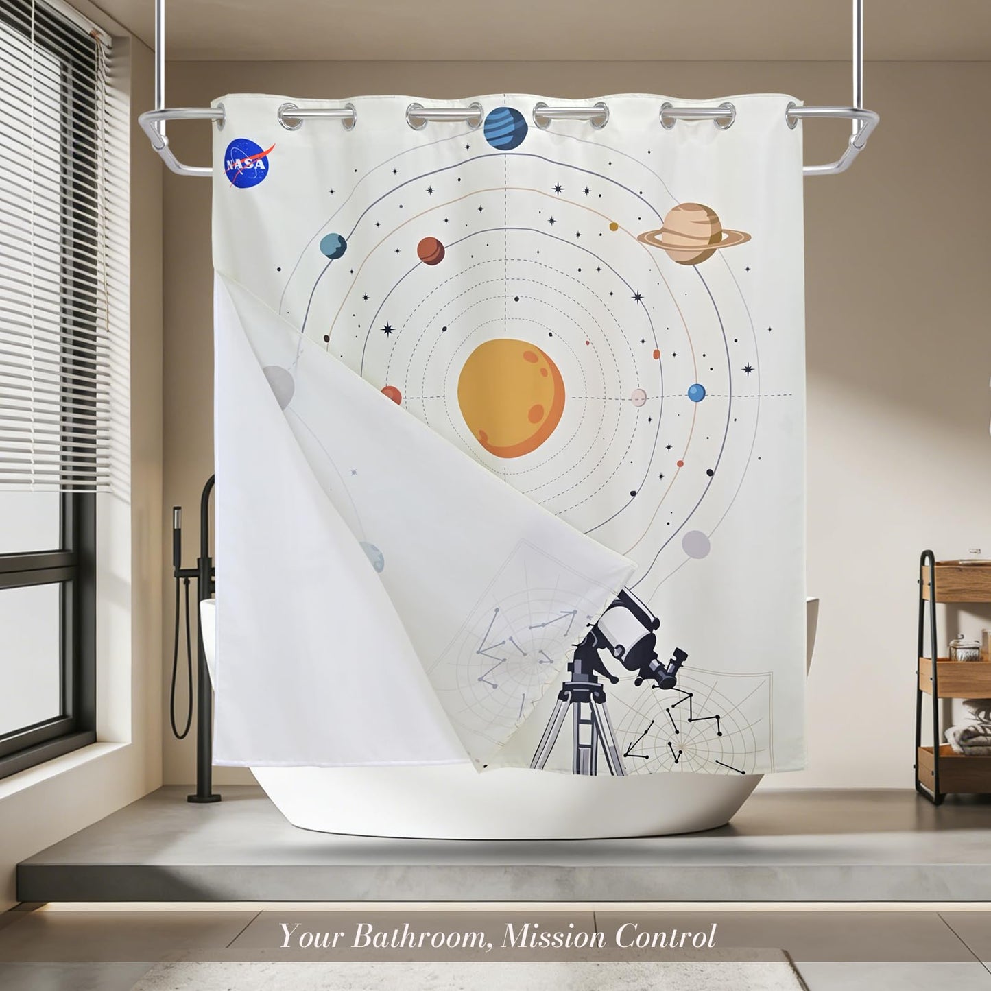 DRIFTED ROOT NASA Licensed No Hook Shower Curtain Set, Orbits and Telescope Design, Space Poster Art, Oxford Cloth, Bathroom Hotel Decor (Home Observatory-White, 72" W x 74" L (Pack of 1))