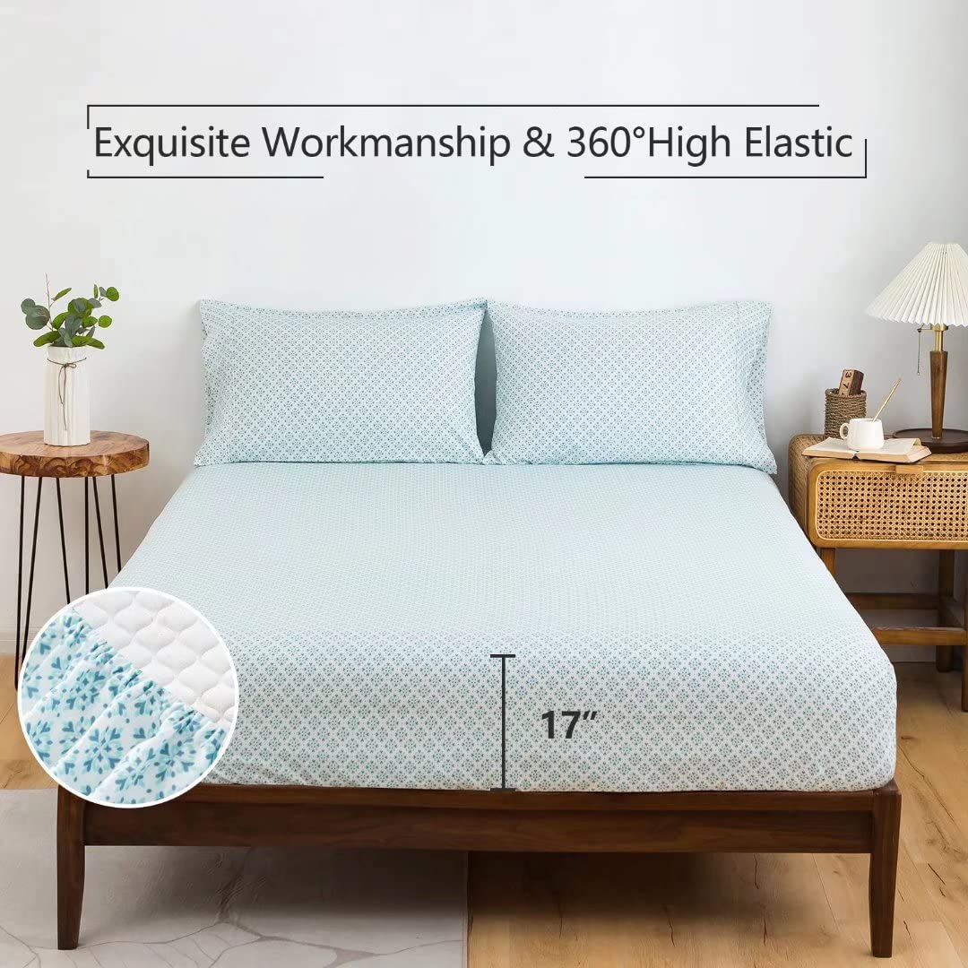 California King Sheet Set 4PC Printed Greenish Blue Floral Pattern Double Bed Luxury Cooling Soft 100% Microfiber Brushed Sheets 17” Deep Pocket, Easy Care, Breathable, Wrinkle Free, Machine Washable