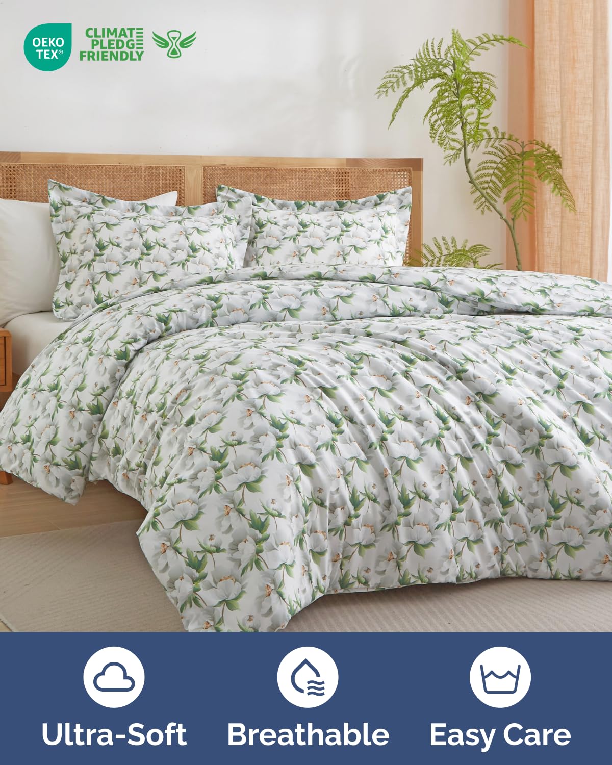 Duvet Cover Queen Size Set - Extra Soft Floral Duvet Cover 90 x 90 with 2 Pillow Shams - Comfy, Breathable Floral Bedding Set - Hotel Luxury & Fade Free with Zipper Closures and Ties - Magnolia Garden