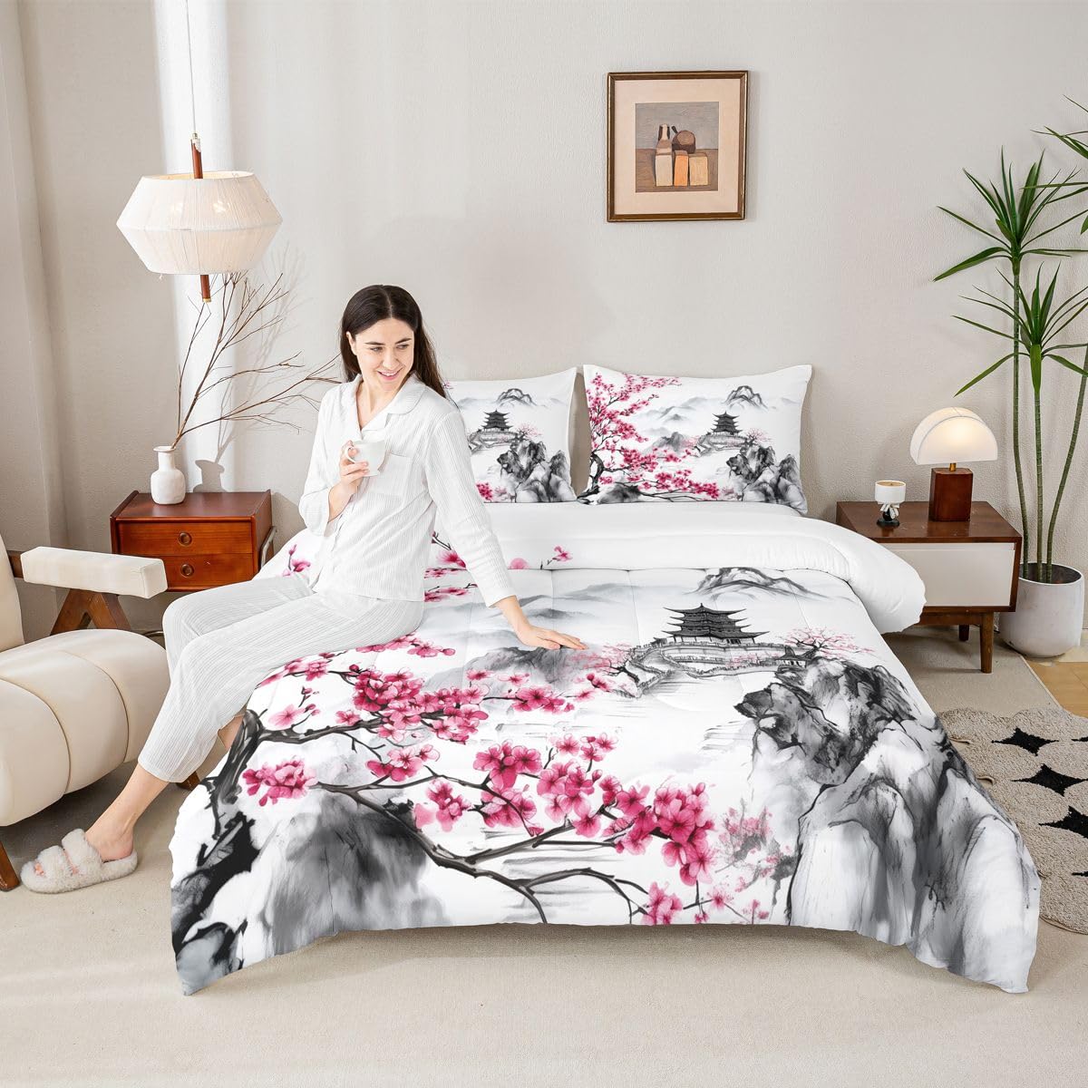 jejeloiu Chinese Ink Painting Comforter Set Queen Size Japanese Style Bedding Set for Kids Boys Girls Cherry Blossom Duvet Quilt Mountain Bedroom Decor Microfiber 3 Pcs with 2 Pillow Cases