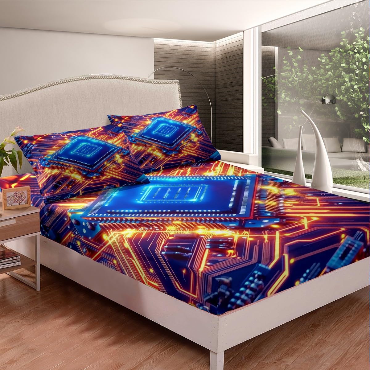 Erosebridal Queen Size Circuit Board Bedding Set, Science and Technology Fitted Sheet for Kids Boys, Print Chips Teal Bed Sheets Stripe Sheets for Teens Adult Men, Blue
