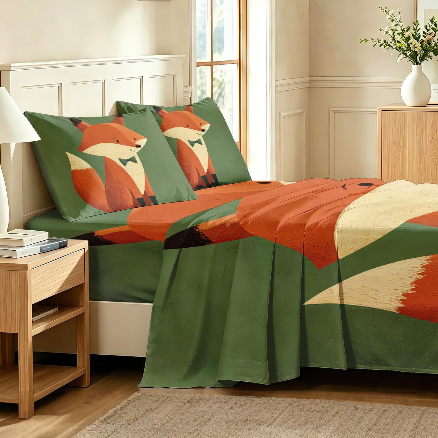 Fox Twin Bedding Set Cartoon Animal Sheet Sets, Orange Green