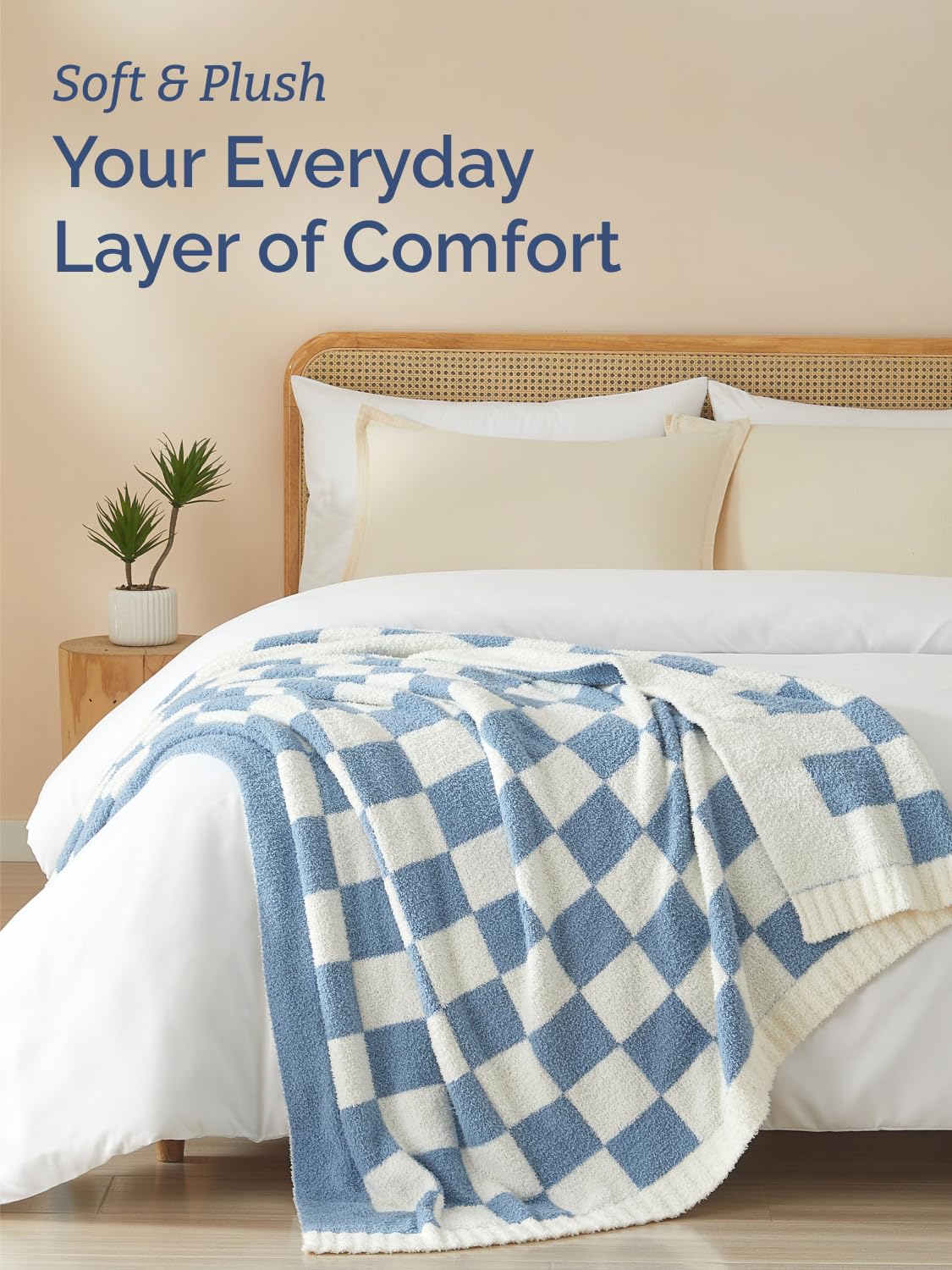Super Soft Throw Blanket - Checkered Blanket for Couch, Bed, Sofa, Chair - Lightweight Warm Double Sided Knit - All Season Cozy, Fuzzy, Anti-Static Microplush Blanket for Women - 50x60 (Blue/Cream)