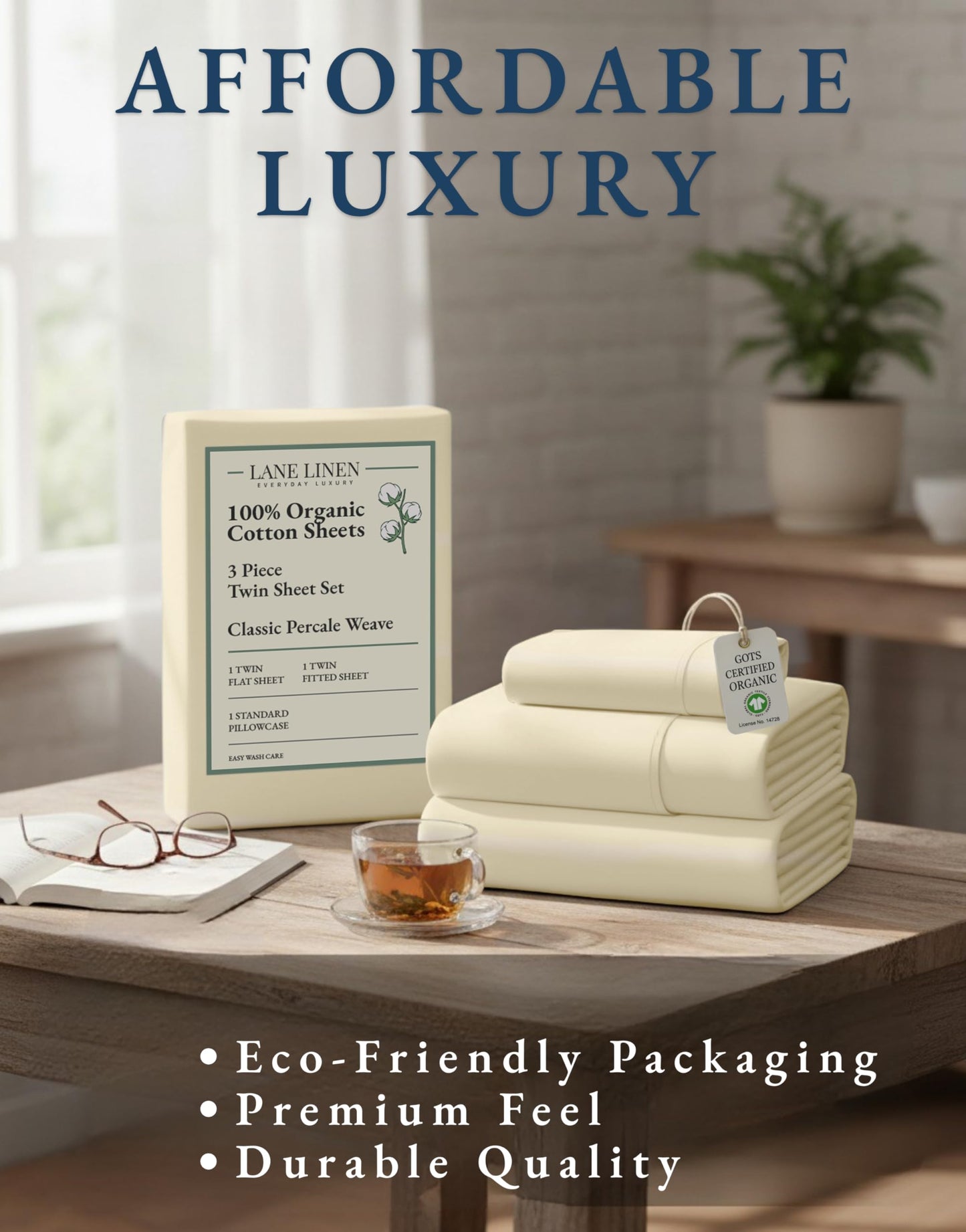 LANE LINEN Cotton Twin Sheets 100% Organic Cotton GOTS Certified Percale Weave Deep Pocket 3 Piece Soft Breathable Cooling Lightweight All Season Machine Washable Crisp - Natural