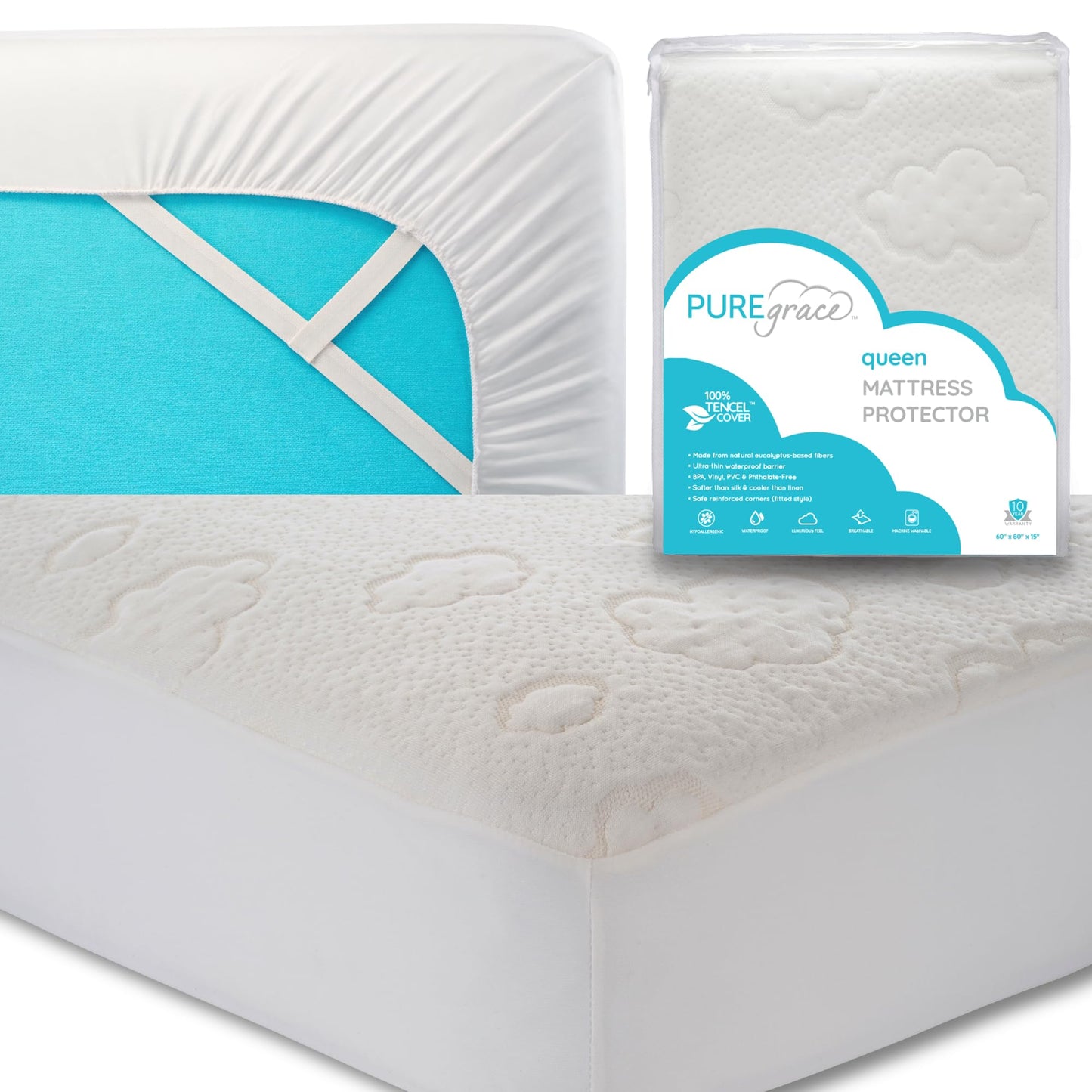 PUREgrace Queen Mattress Protector – Cooling Eucalyptus Tencel Fiber, Quiet Waterproof Mattress Pad Cover with Deep Pockets and Corner Safety Straps, Breathable Ultra Soft Luxury Fit