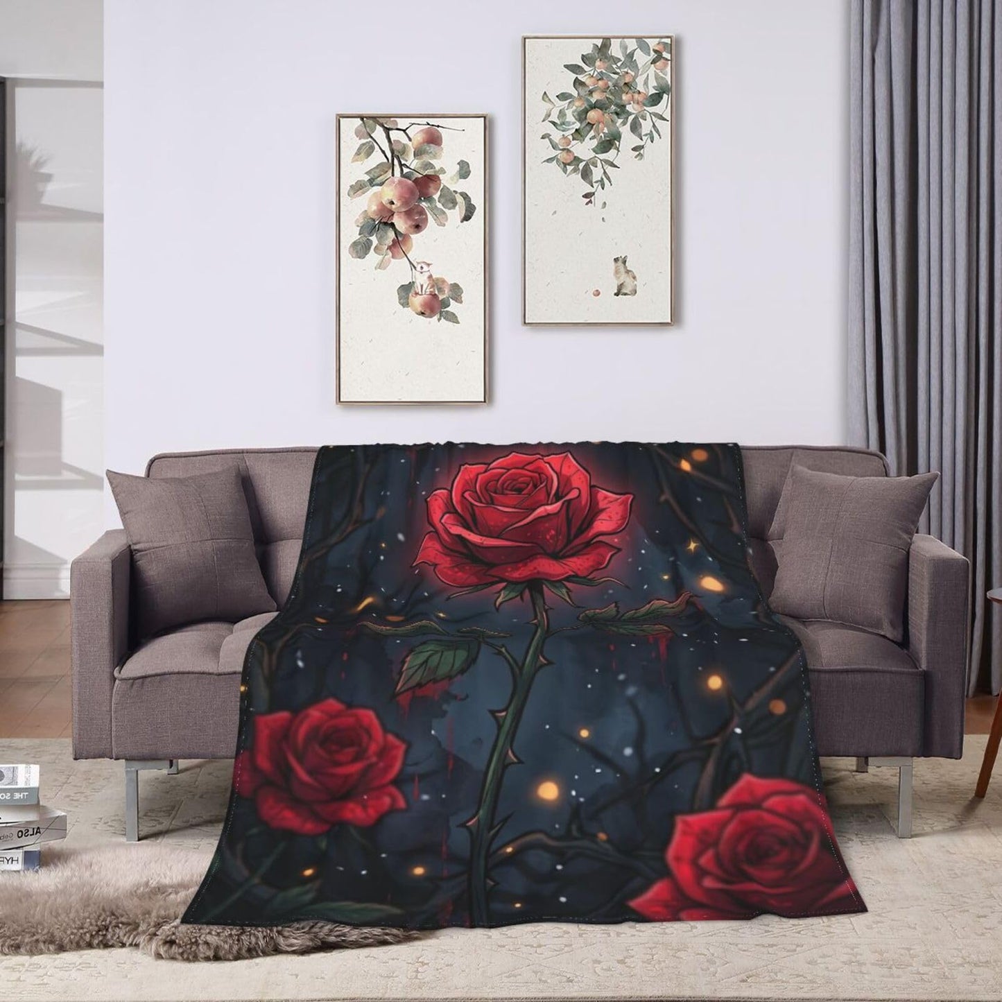 Gothic Red Thorn Rose Dark Glowing Floral Art Print Flannel Blanket
