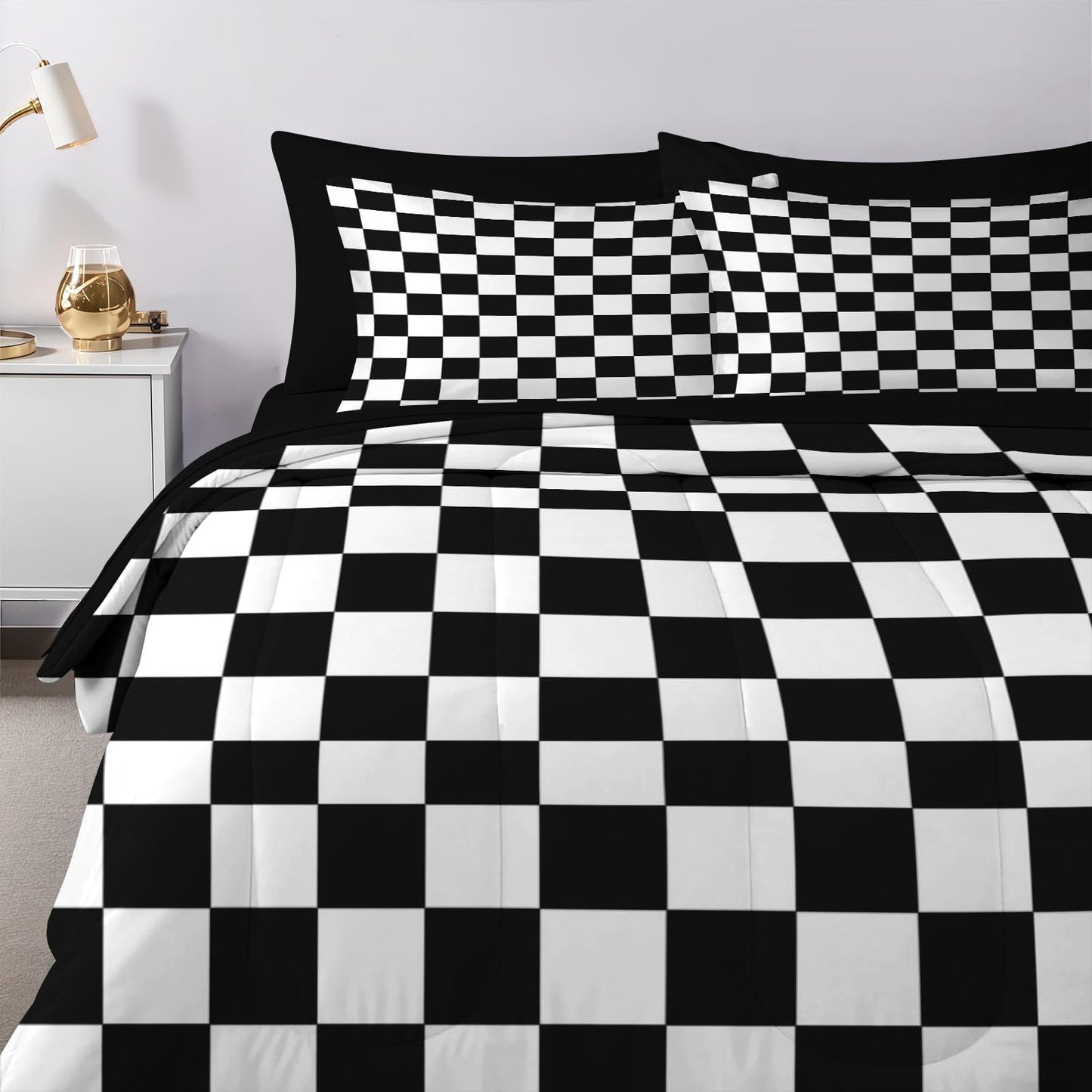 Nesker Comforter Set King Size, Black and White Plaid Geometry 7 Pcs Bedding for Kids and Adults, Checkerboard Grid Black Bed Sheet Sets with Fitted Sheet 2 Pillowcases & 2 Shams