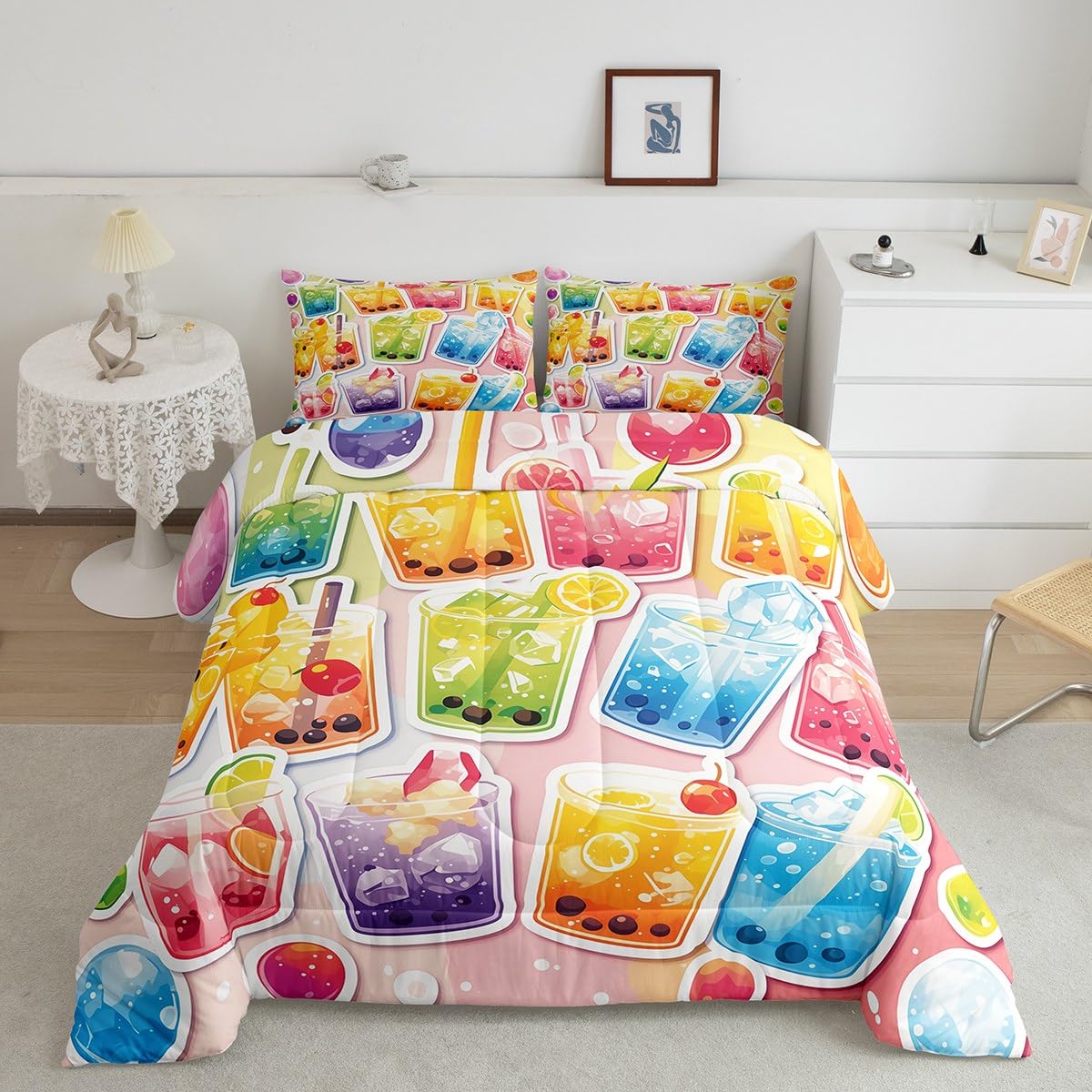 Erosebridal Kawaii Boba Tea Bedding Set Queen Size,Bubble Tea Comforter Set Funny Gifts for Kids Teen Girls,Fruit Print Quilt Bed Set Cute Rainbow Bed Comforter Sets with 2 Pillowcases Room Decor