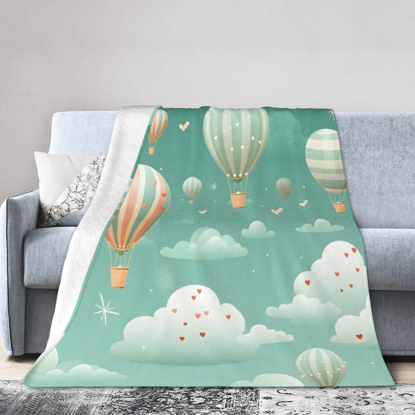 Blue Sky Hot Air Balloon Throw Blanket for Couch Soft Blanket for Bed Bed Sofa Decor for Living Room Bedroom 60"X50"
