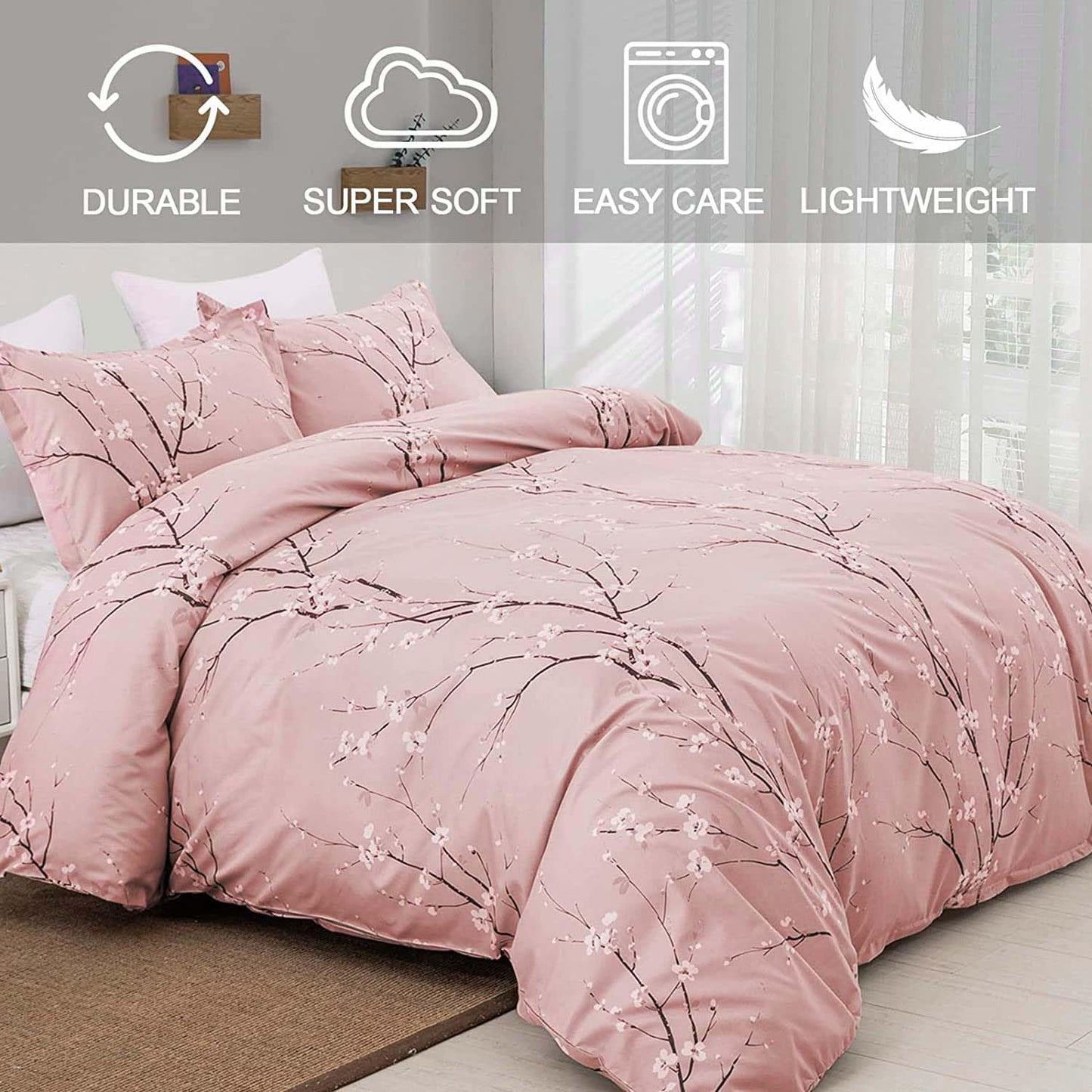WONGS BEDDING Floral Duvet Cover Set King, Pink Flower Plum Pattern Comforter Cover Set with 2 Pillowcases 3 Pieces Botanical Bedding Set with Zipper Closure for Kids 90"x103"(Not Comforter)