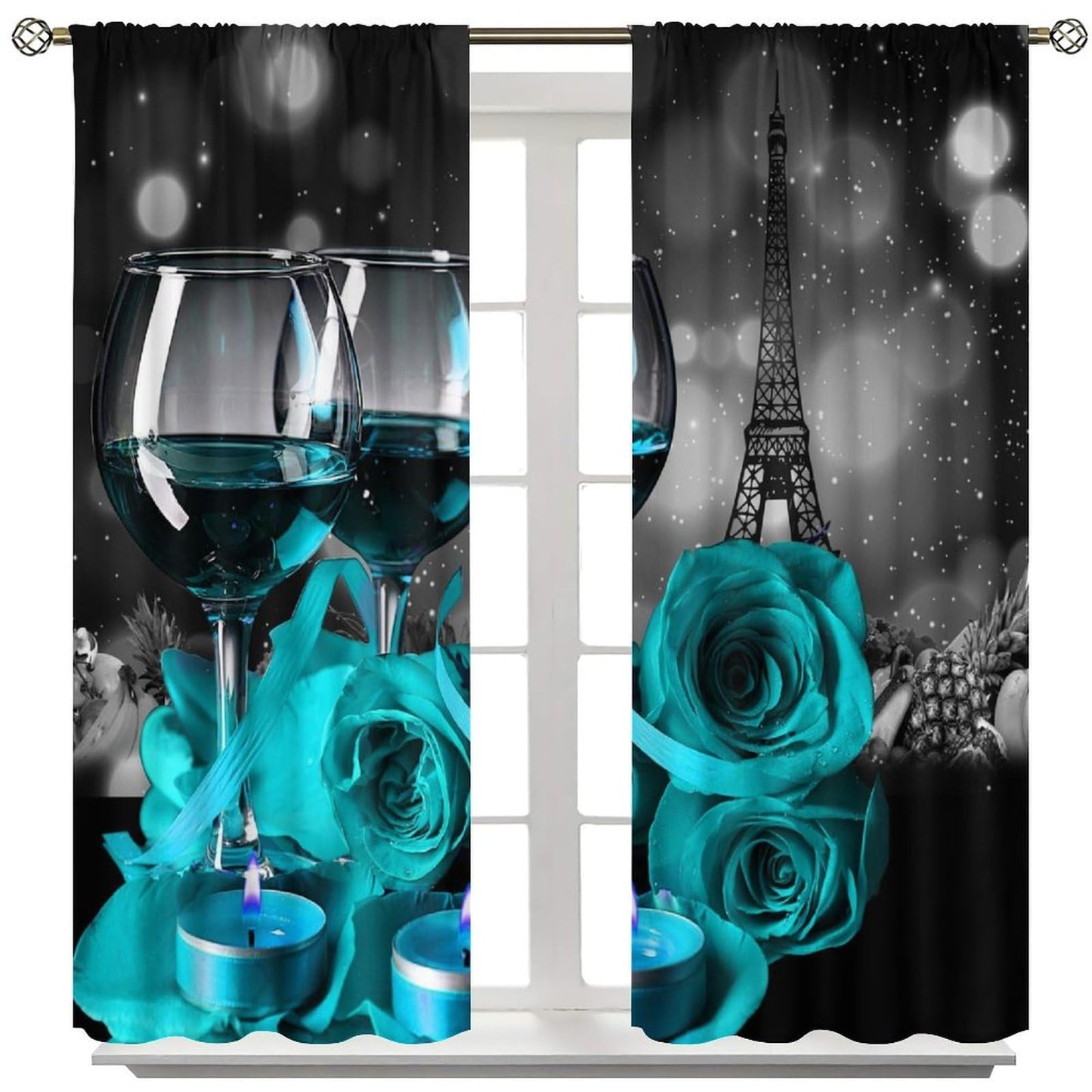 wlsgdsg Wine Curtains for Kitchen,Romantic Farmhouse Kitchen Fruit Cyan Rose Flower Candle Paris Tower Light Art Window Drapes Print for Boys Girls Bedroom Living Room 42x45in