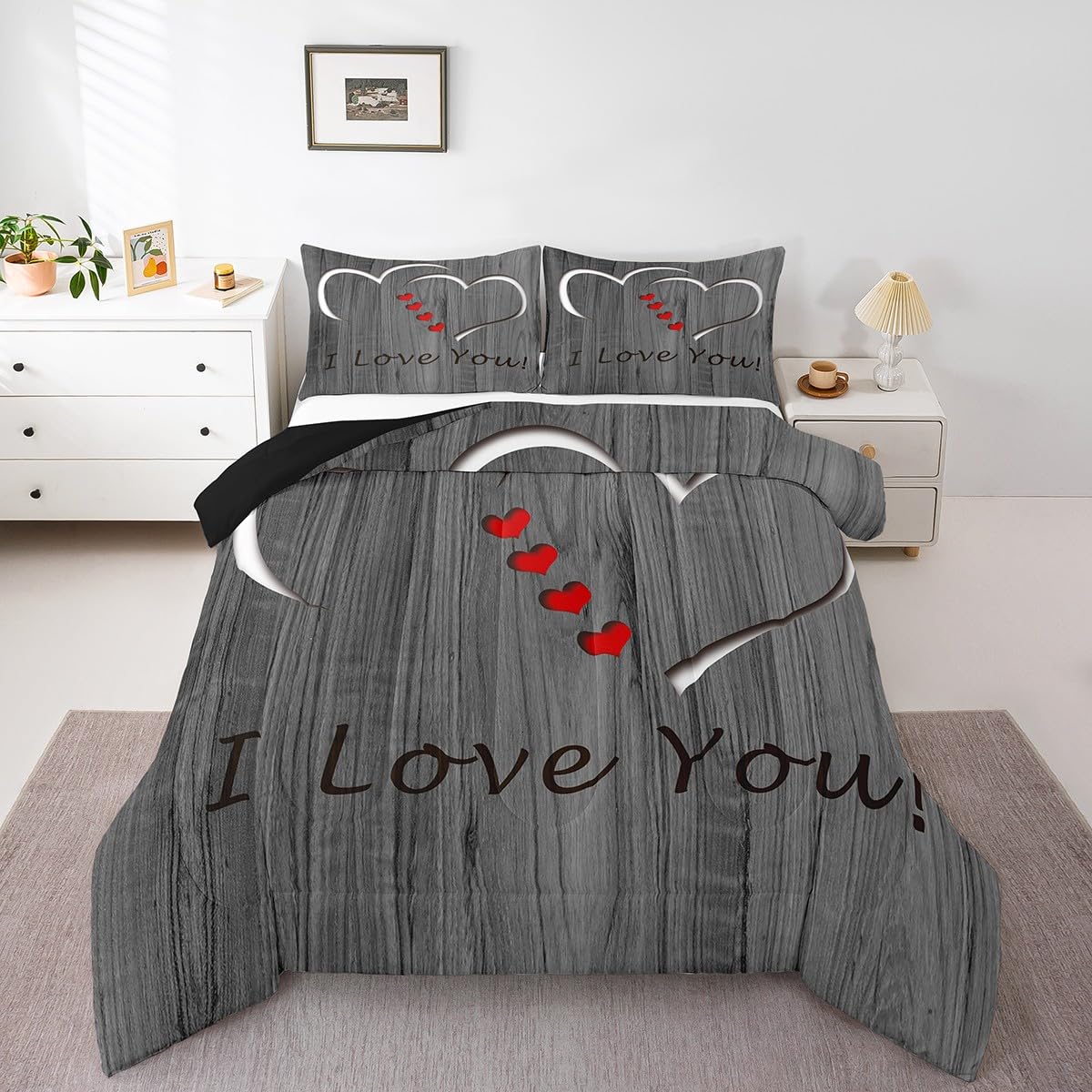 Erosebridal I Love You Bedding Queen,Simple Wooden Comforter Set,Romantic Valentine Gifts Down Comforter,Love Hearts Bedding Comforter Sets