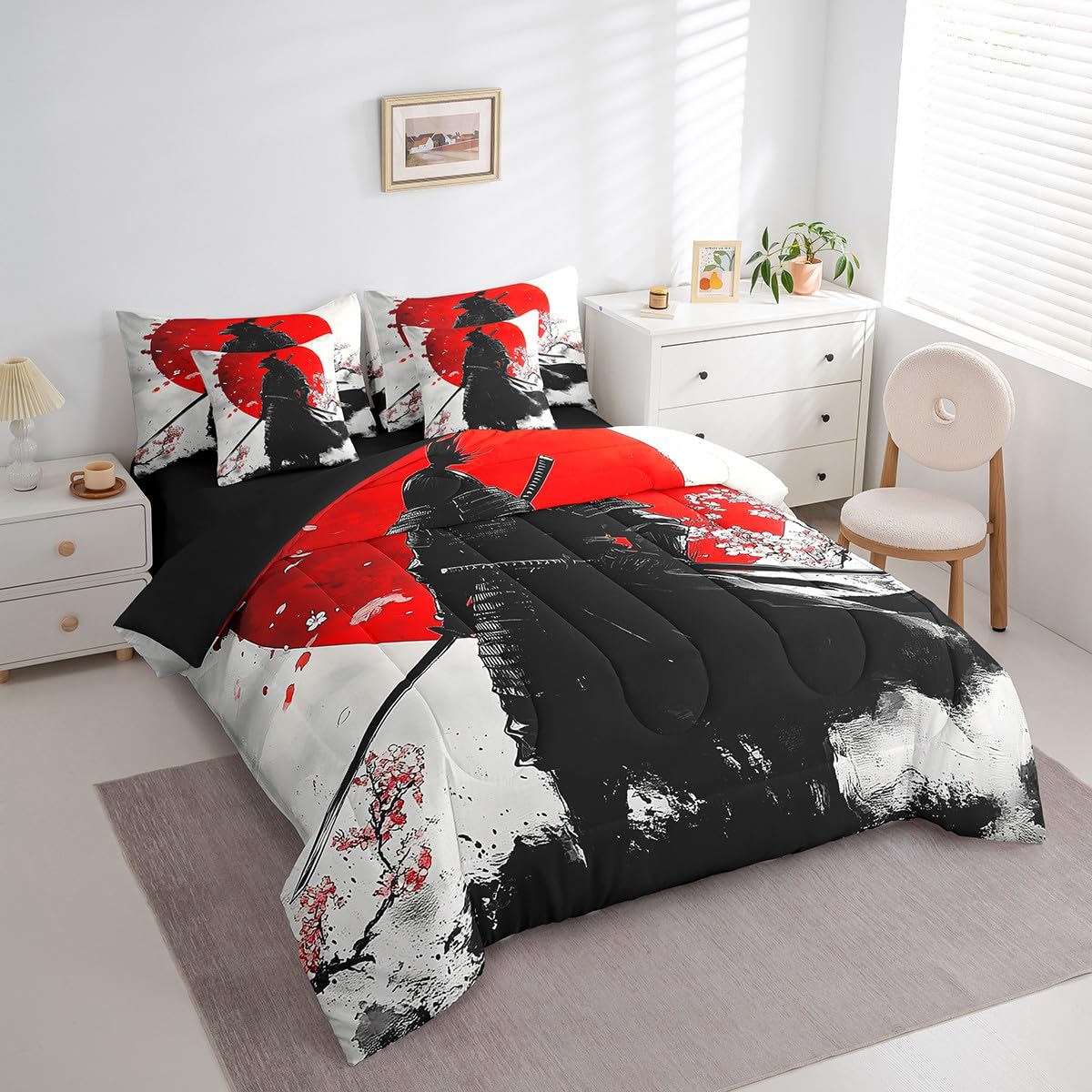 Erosebridal Samurai Comforter Set Twin,Japanese Cherry Blossom Bedding Set 7Pcs for Men Boys Teens,Red Sun Quilt,Asian Cool Red Black Men Silhouette Bed in a Bag