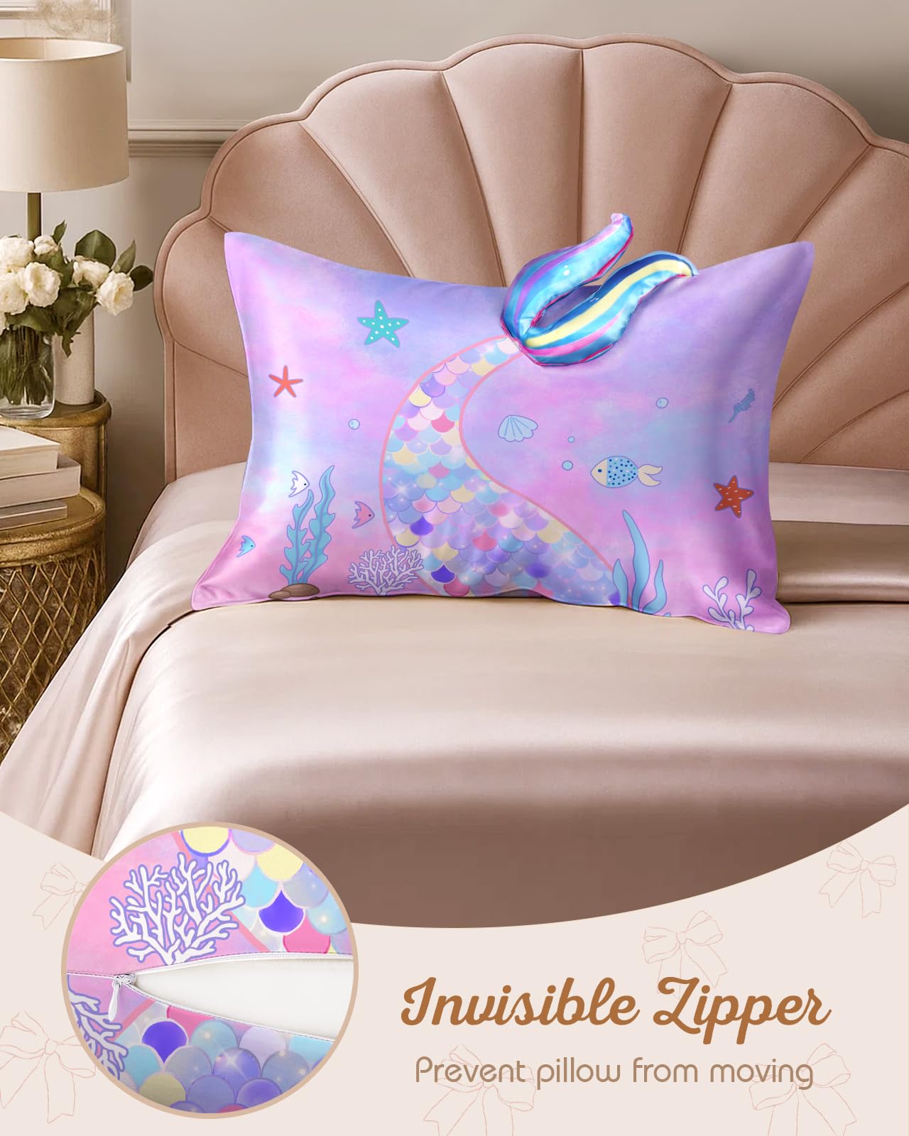 Miss Adola Kids Pillowcases Standard Size 20"x26" - Cute Cartoon Soft Breathable Silk Pillow Cases for Hair and Skin with Hidden Zipper for Girls Fun Kawaii Design for Bedding, Fish Tail