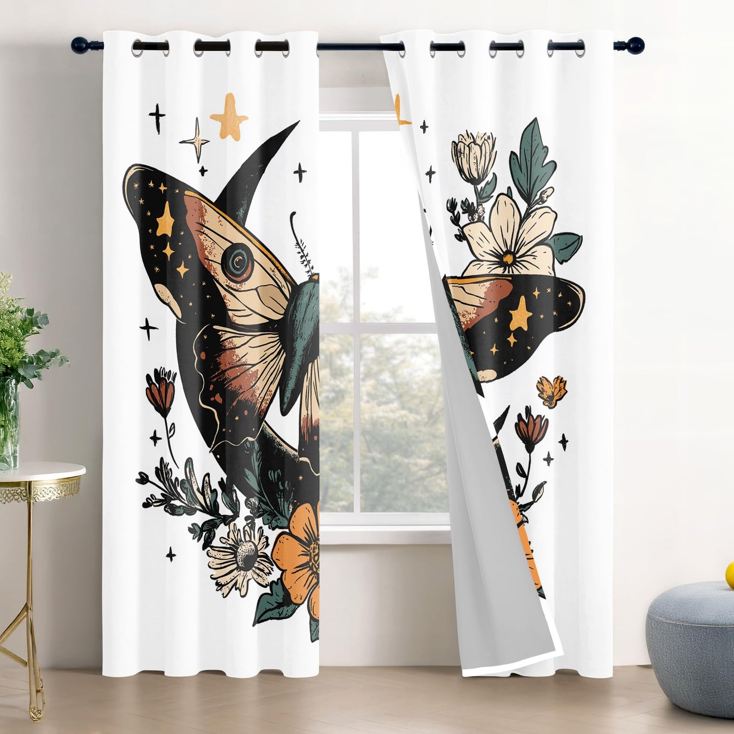 Moth Curtains 63 Inch Length, Moon Stars Bohemian Mysterious Witchy Blackout Curtains for Bedroom Living Room, Room Darkening Thermal Insulated Grommet Drapes, Patterned Window Treatments