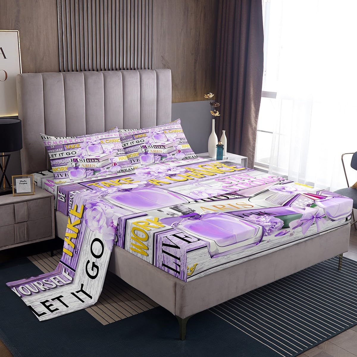 Erosebridal Violet Fashion Sheet Set King for Women Girls Kids Girly Aesthetic Modern Bed Sheets Inspirational Quotes Elegant Coquette Cute Bedding Set Perfume Paris Preppy Pink Purple Bow Sheets