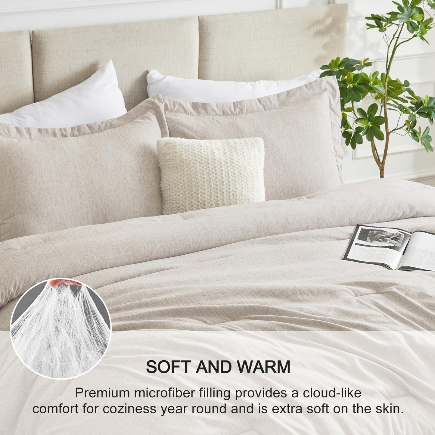 CozyLux Queen Comforter Set 3 Pieces, Heathered Beige Luxury Comforters Queen Size Bedding Set, Breathable Lightweight Down Alternative Comforter with 2 Pillow Shams, All Seasons Bed Set Gift for Home