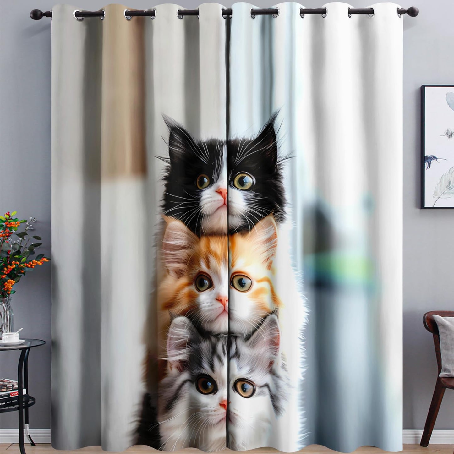 AILONEN Kawaii Cat Window Curtain,Cute Animal Kitten Window Drapes for Kids Boys Girls,Lovely Pet Themed Cats Grommet Curtain Room Decor,2 Panels Set, 42" W x 90" H
