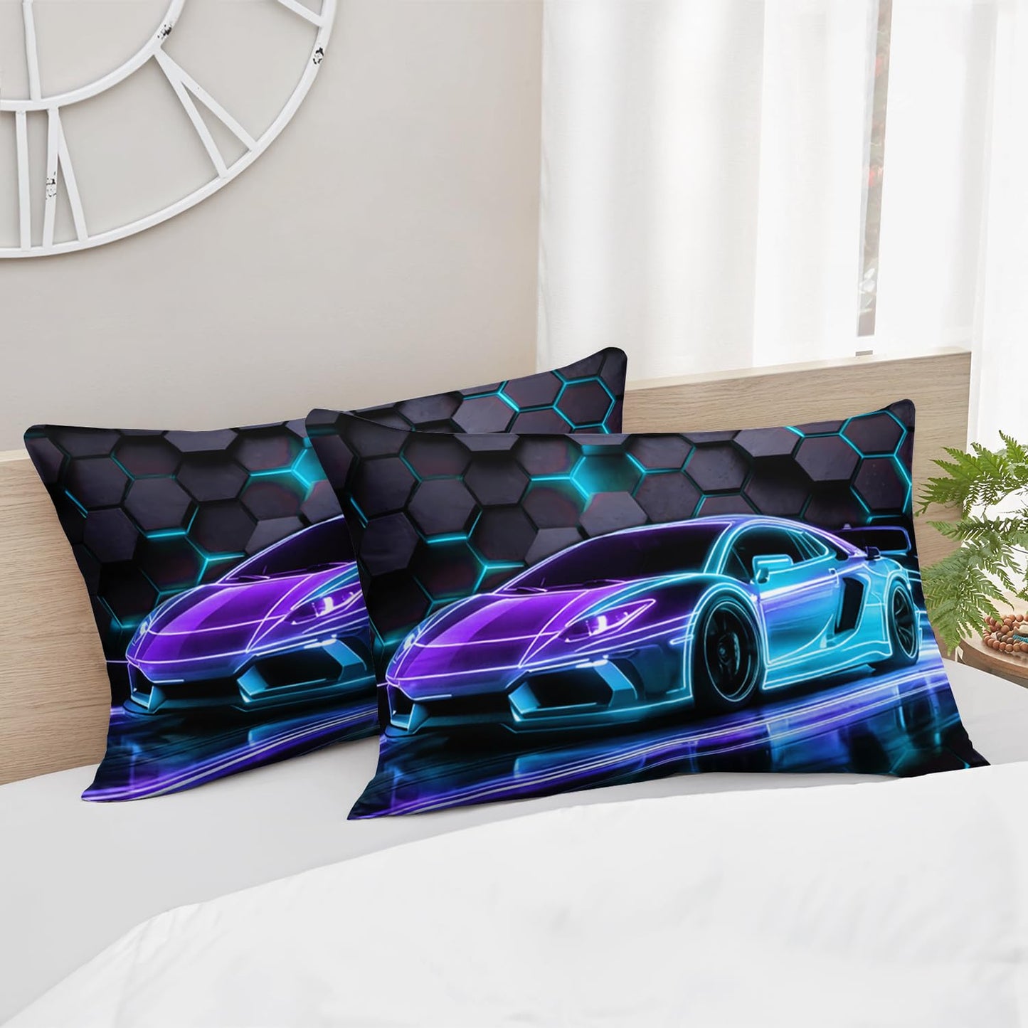 HOSIMA Race Car Bedding Sets Full for Boys,Honeycomb Geometric Background Neon Pattern Cool Extreme Sports Bedding for Kids Men Car Room Decor,1 Fitted Sheet+2 Pillowcases.