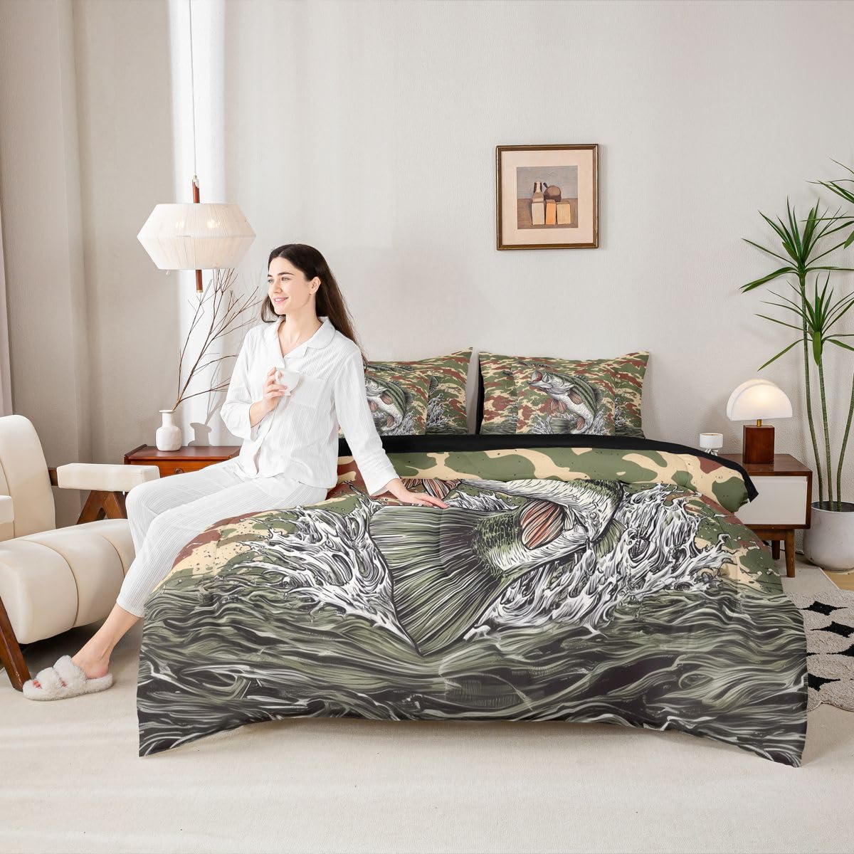 Erosebridal Fish Camo 7-Piece Bed in a Bag Full Size Camo Hunting and Fishing Bedding Set for Kids Boys Teens - Bass Fish Comforter Set with Sheets Camouflage Fishing and Hunting Duvet Insert