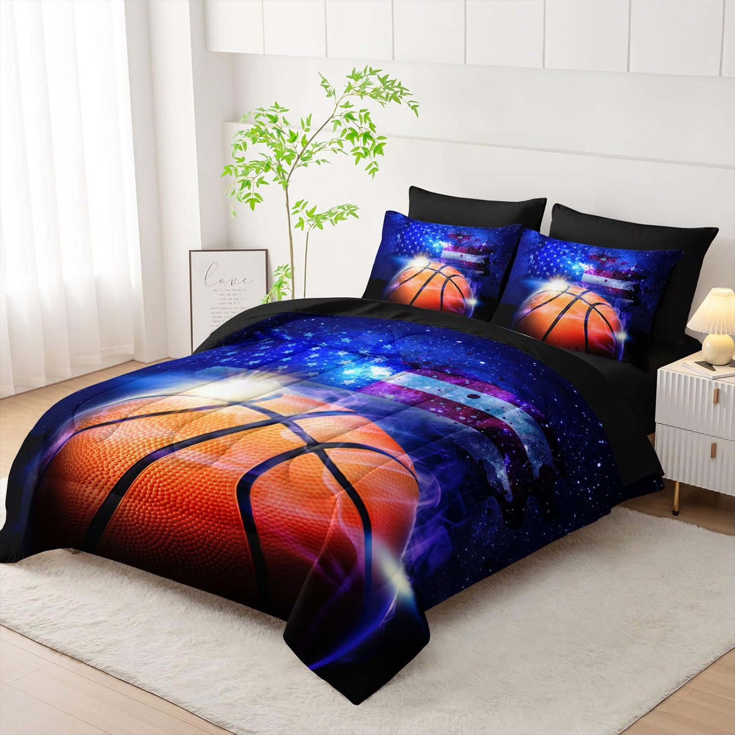 Smell Sunshine 7pcs Sports Comforter Set 3D Basketball Printed Bedding Set with 1 Comforter, 1 Flat Sheet, 1 Fitted Sheet and 4 Pillowcases for Boys and Girls Bedroom (Basketball Twin