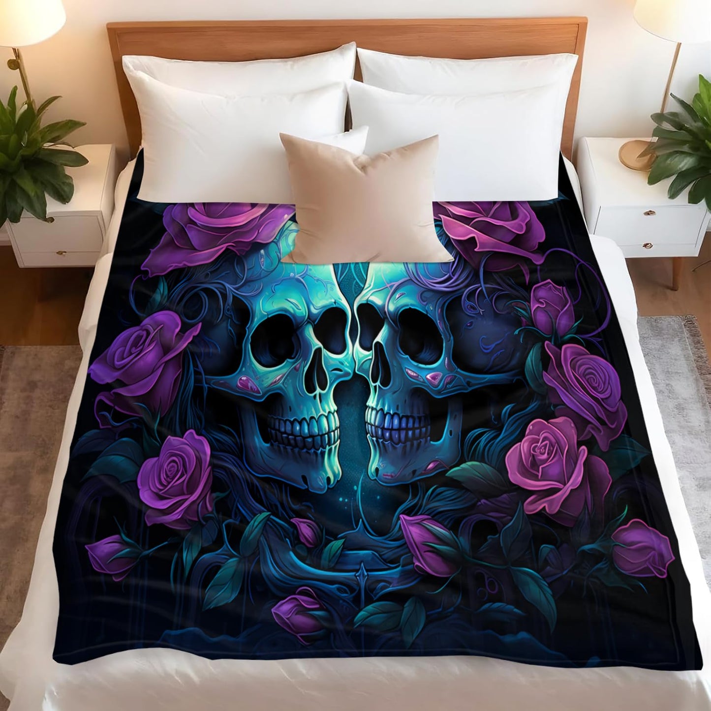 Skull Throw Blanket, Purple Rose Blankets for Couch Bed Sofa, Gothic Blankets and Throws - Super Soft Cozy Plush Flannel Blankets & Gifts, 50x60