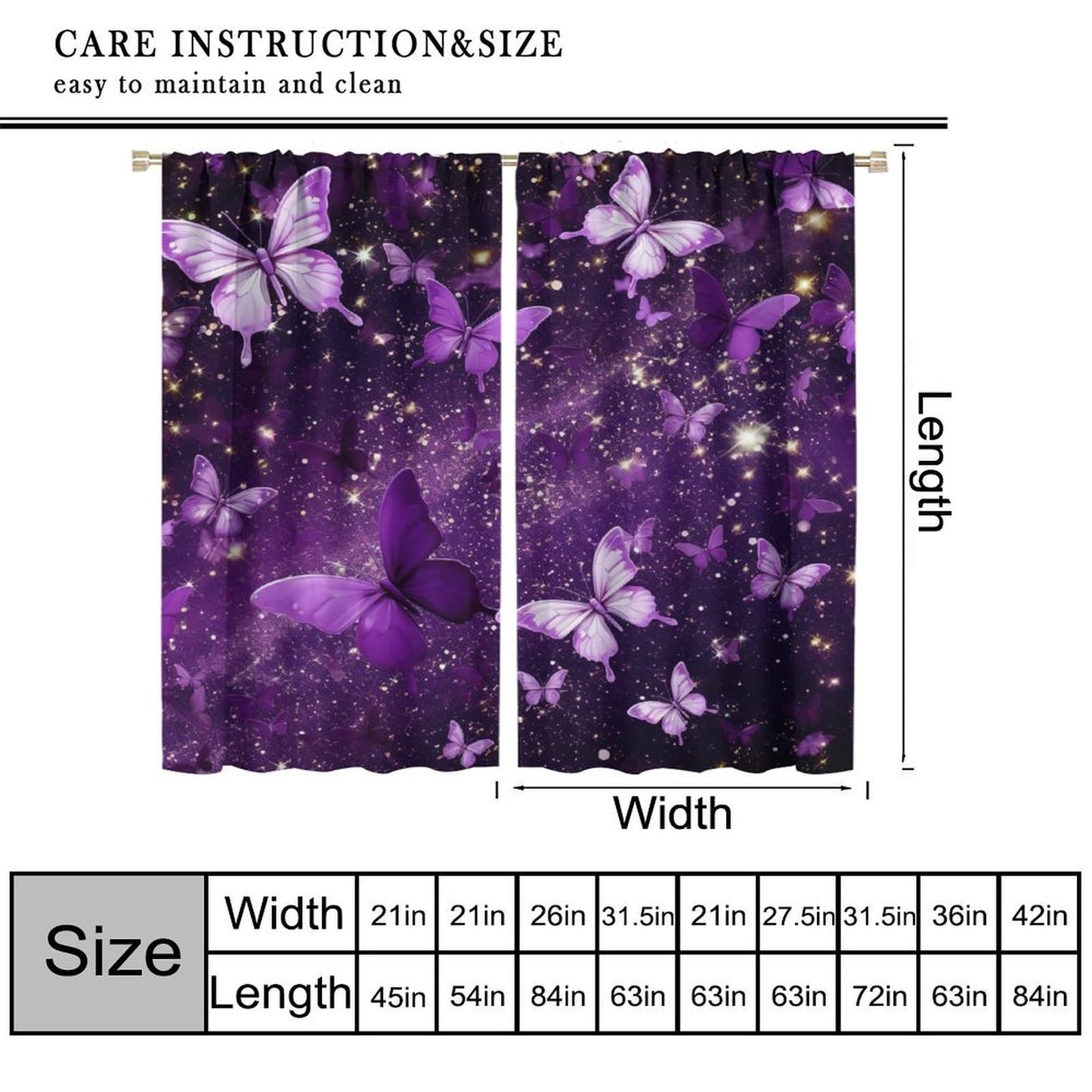 PHTAYOT Butterfly Curtains, Purple Dream Fantasy Starlight Butterfly Pattern for Kids Girls Room Decor, Print Blackout Drapes for Living Room Bedroom Kitchen 2 Panel Set 21" W X 63" L