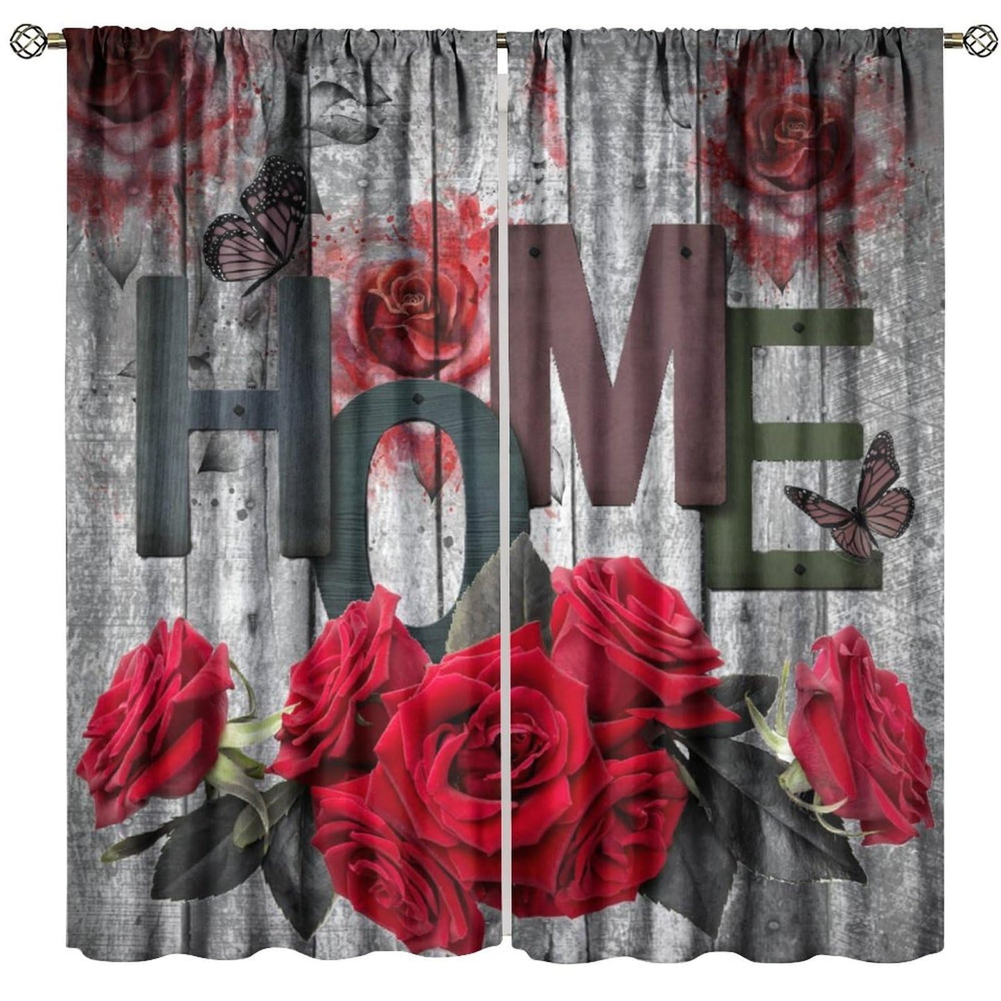 GoDazzling Red Rose Curtains, Wooden Rustic Romantic Flower Valentine's Day Rod Pocket Window Drapes, for Bedroom Living Room 41" W X 45" L (No Blackout)