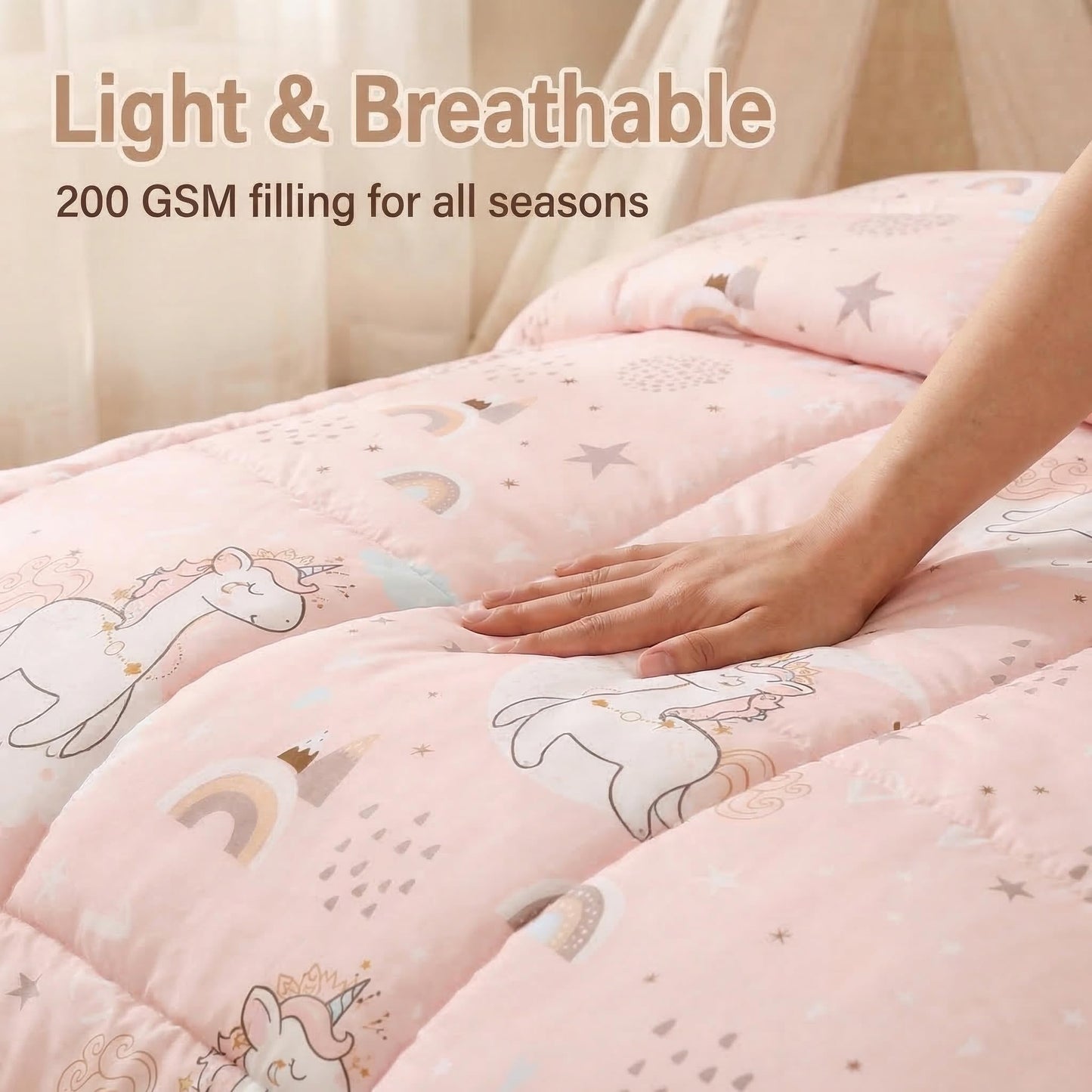 JSD Pink Unicorn Toddler Bedding Set, 4 Piece Bed-in-a-Bag Toddler Microfiber Comforter Sheet Set, Oeko-Tex Certified All Season Machine Washable