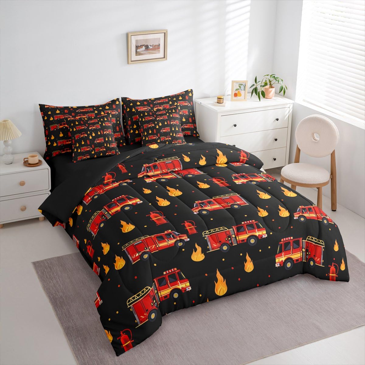 Erosebridal Fire Truck 7-Piece Bedding Set Twin for Boys, Cartoon Red Firemen Car Comforter Set with Sheets for Firefighter Room Decor, Black and Red Bed in A Bag, Fire Engine Bed Sets