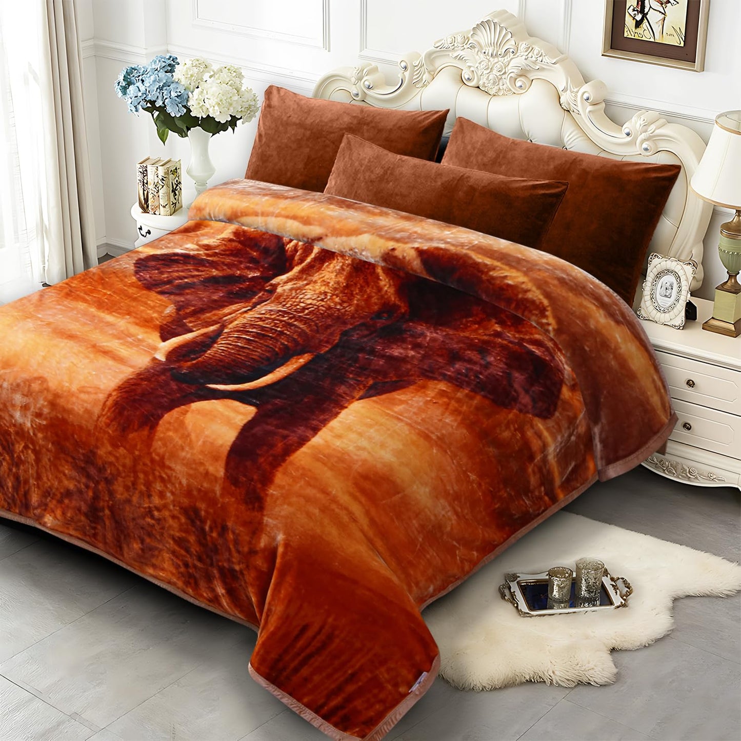 JYK Queen Size Korean Mink Blanket, 5 LB Fleece Bed Blanket - 2 Ply Reversible 520GSM Silky Soft Plush Warm Blanket for Autumn Winter, A&B Pattern Printed, (Queen 75"x87", Deer/Elephant)