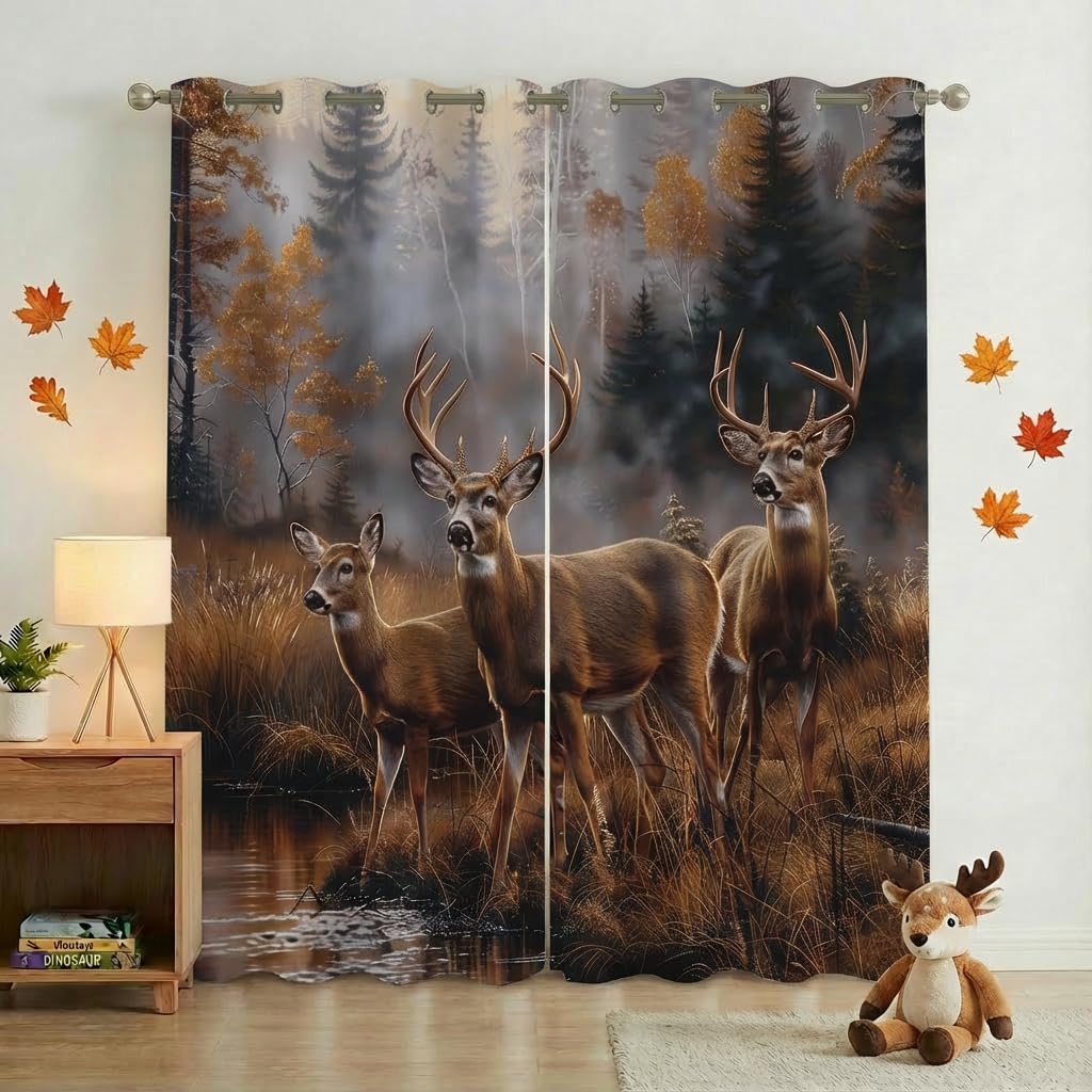 terxgrl Deer Blackout Curtains for Bedroom Living Room, Rustic Cabin Wildlife Whitetail Hunting Grommet Thermal Insulated Window Drapes, 42 x 45 Inch