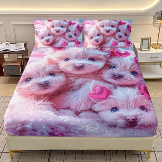 AILONEN Cute Dogs Fitted Sheet Set Twin Size - Kawaii Pink Puppy Bedding Bet for Kids Teen Girls - Lovely 3D Pet Animals Bed Sheet with 2 Pillowcases - 3Pcs