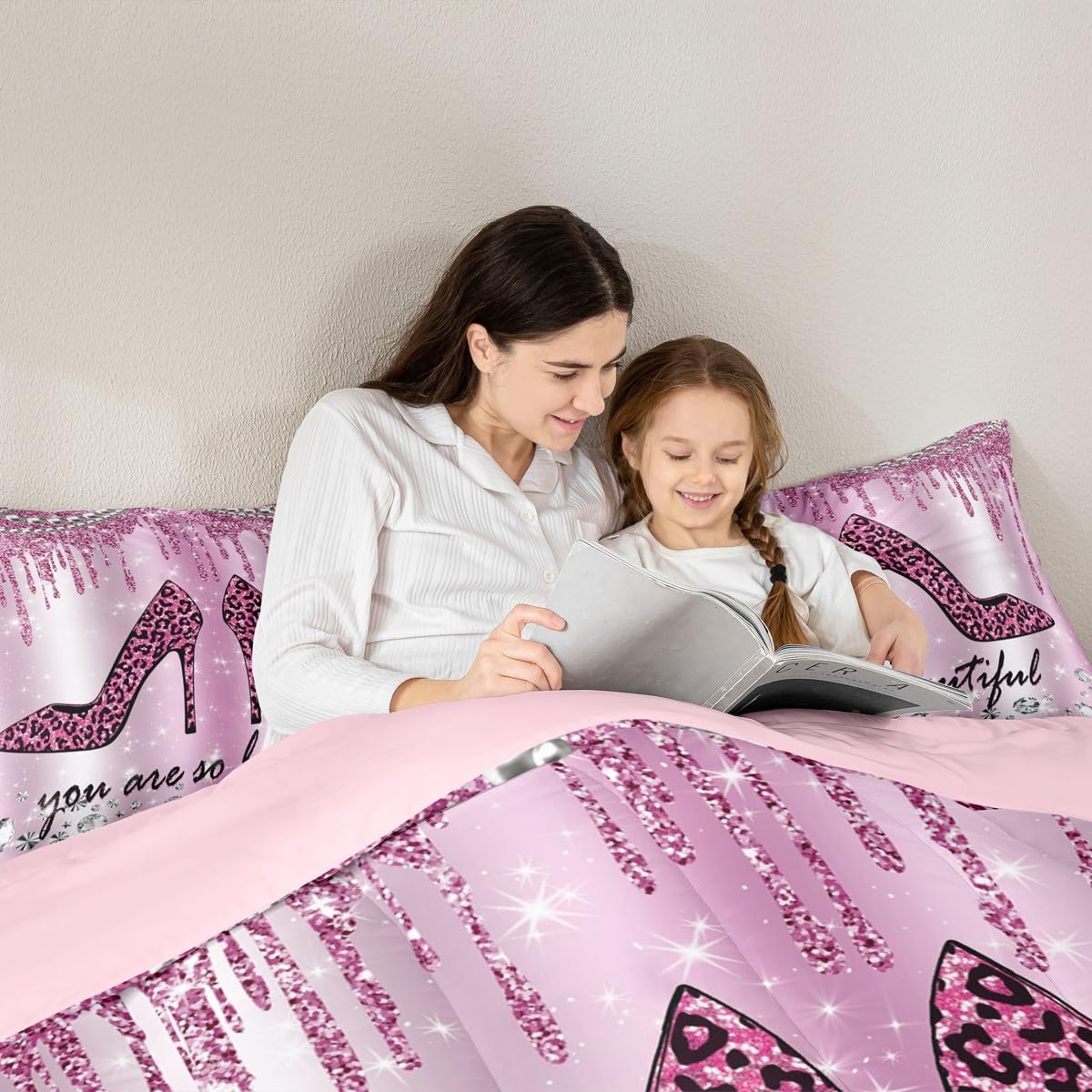 Purple Leopard Glitter Comforter Set Kids Girls Diamond Starry Galaxy Bedding Set Queen Size Sparkling Jewelry Quilt Set for Youth Women Bedroom Decor Modern Romantic High Heels Duvet Insert 3pcs
