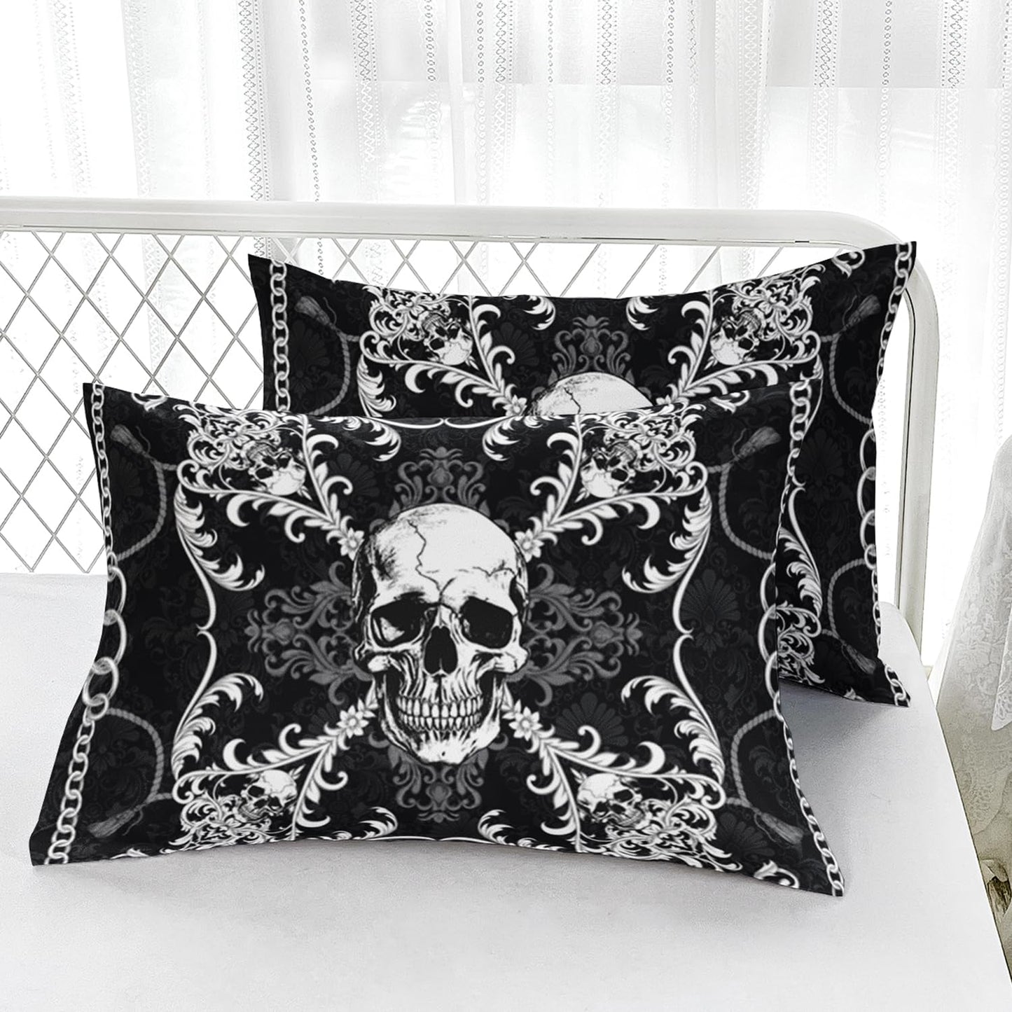 AILONEN Goth Skull Fitted Sheet Set Queen Size,Black and White Skull Bed Sheet Set,Boys Kids Goth Skull Skeleton Bedding for Adults,Boho Floral Skull Fitted Sheet +2 Pillowcases,3-Piece