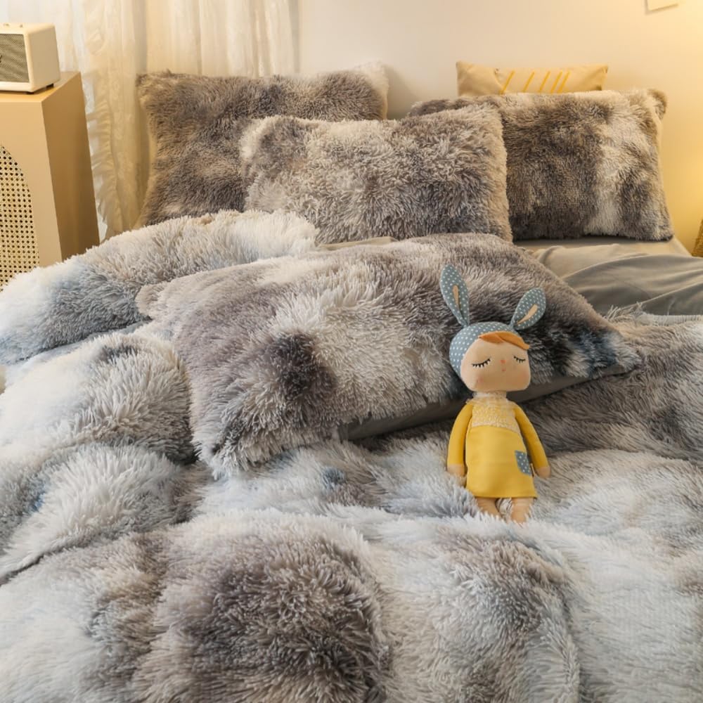 chovy Faux Fur Tie-Dyed Black White Gray Colorful Comforter Sets Queen - 3PC Bed Set Ultra Soft Plush Flannel Velvet Fluffy Fuzzy Bedding（Comforter x 1 Pillowcases x 2）