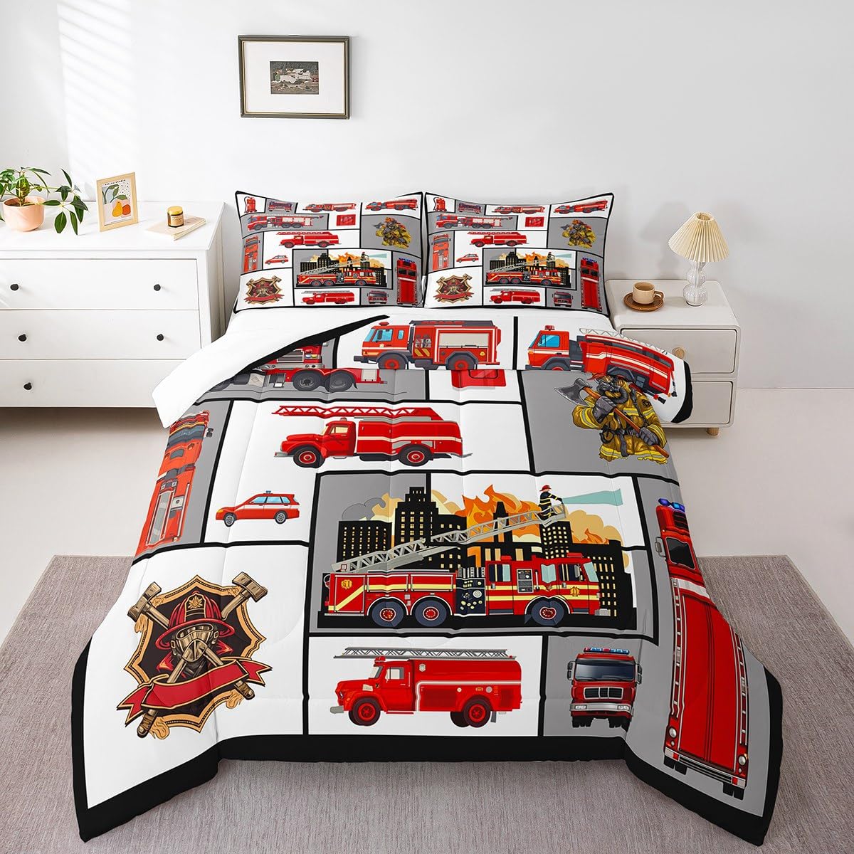 Homewish Boys Fire Truck Twin Size Comforter Set,Kids Firemen Decor All Season Bedding Set,Teens Fire Fighting Truck Comforter,Children Car Vehicle Print Decor Quilt Set Bedroom Collection 2Pcs