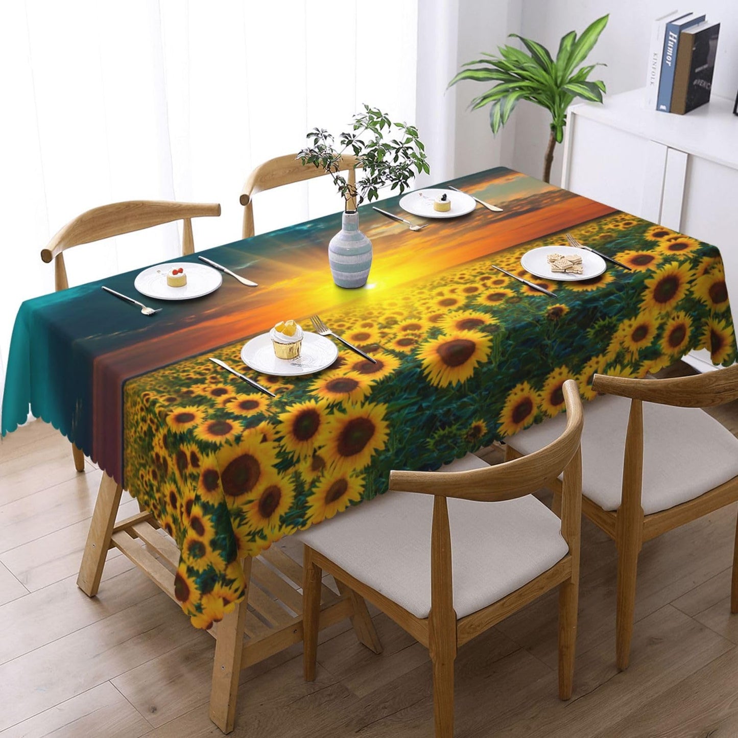 GOUROISE Sunflower Fields Rectangular Tablecloth, Sunset Sunrise 54x72 Inch Wavy Lace Border Polyester Table Cloth for Dining, Kitchen, Parties