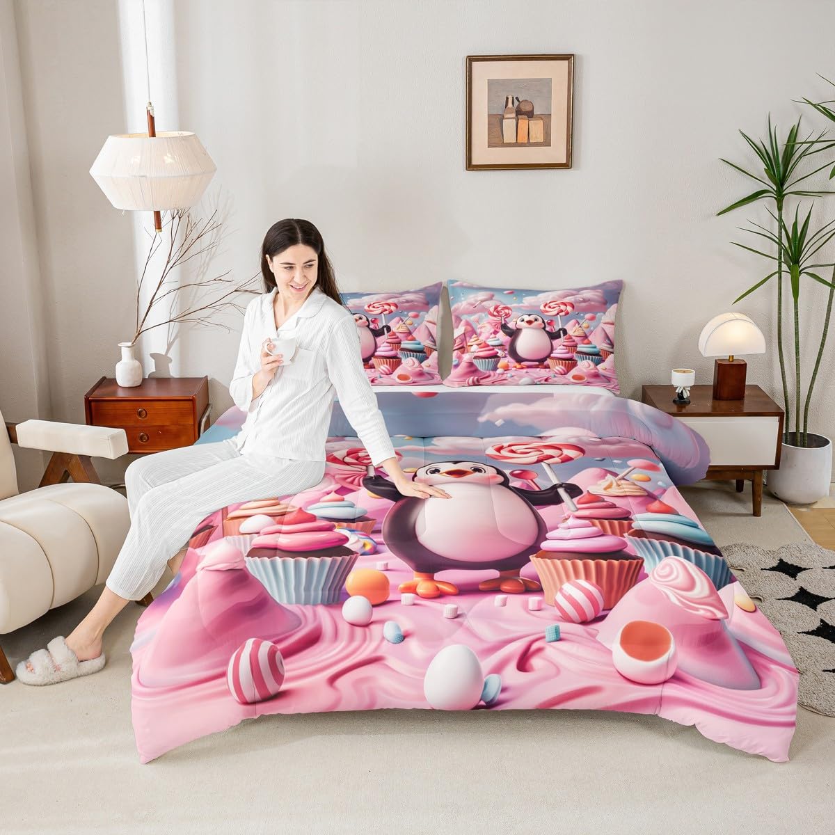 Erosebridal Funny Penguin Bedding Set Queen Antarctic Animal Theme Comforter Set for Kids Boys Girls Cartoon Penguin Down Comforter,Dessert Candy Quilt Duvet