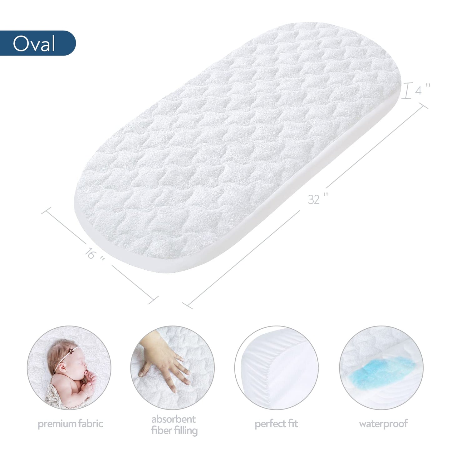 Baby Bassinet Mattress Pad Cover 13" x 30", Fit for UPPAbaby Bassinet and Moses Basket, 2 Pack Waterproof Quilted Bassinet Mattress Protector, Cotton Terry Surface